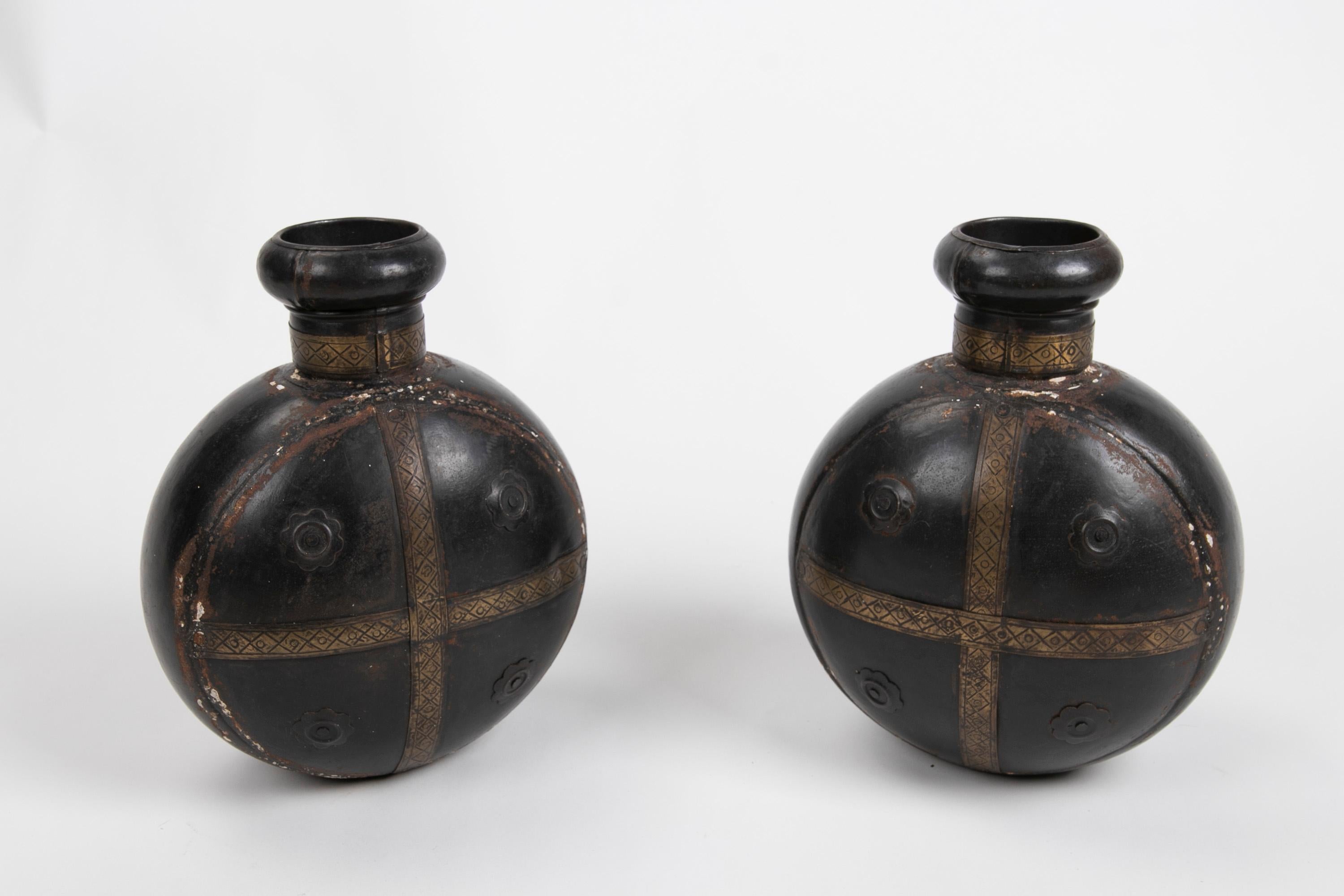20th Century Pair of Decorative Metal Bottles with Decoration  For Sale