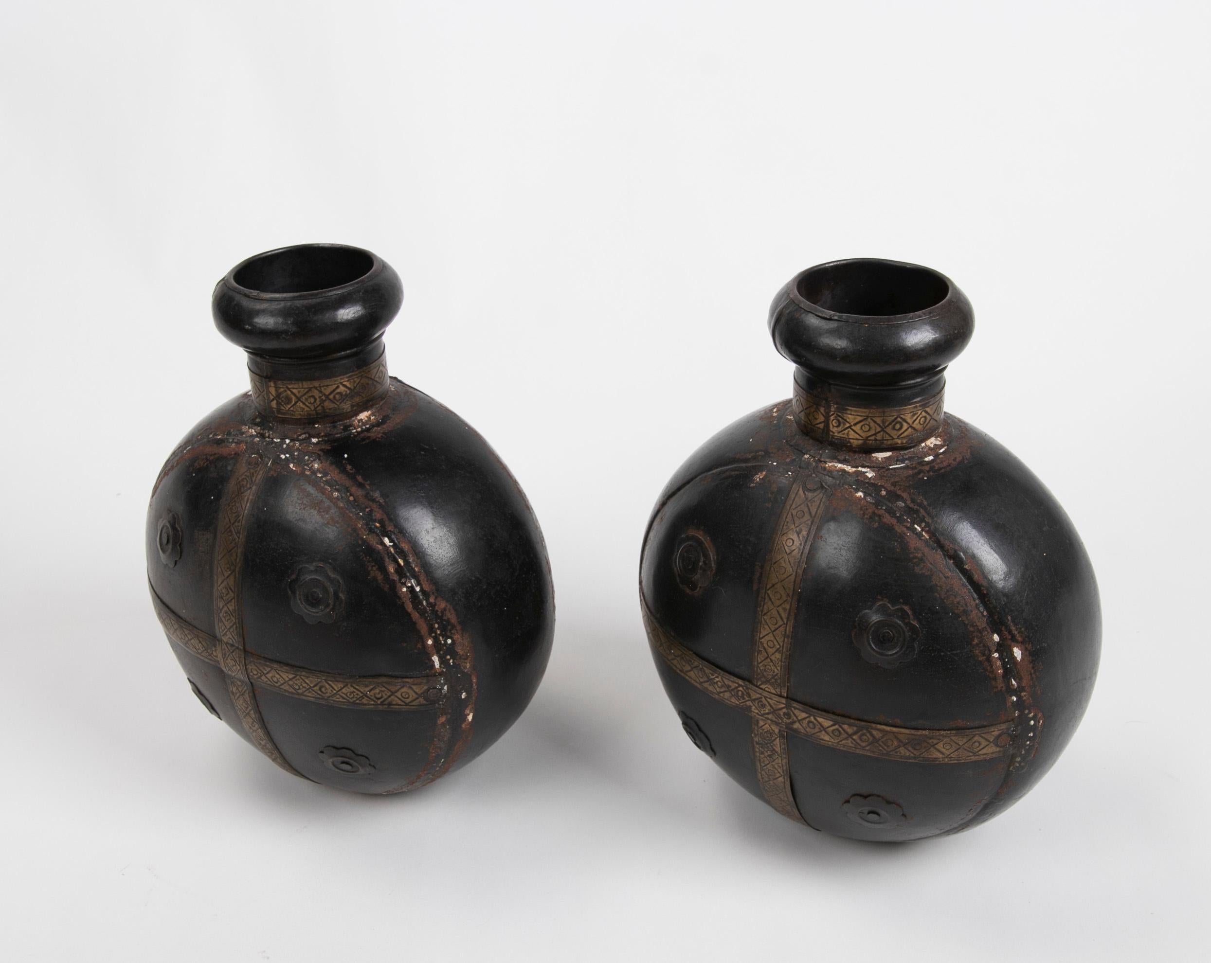 Pair of Decorative Metal Bottles with Decoration  For Sale 2