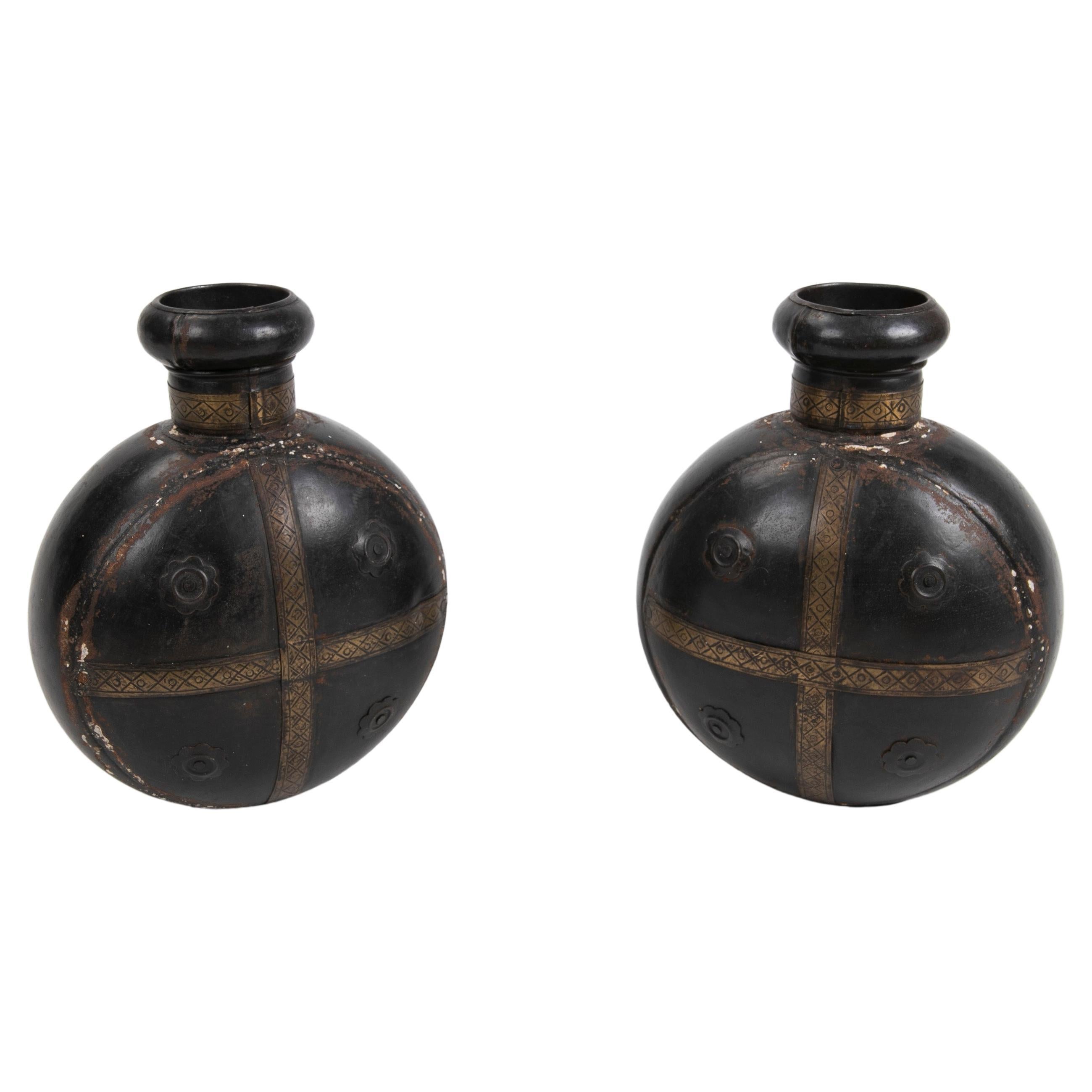 Pair of Decorative Metal Bottles with Decoration  For Sale