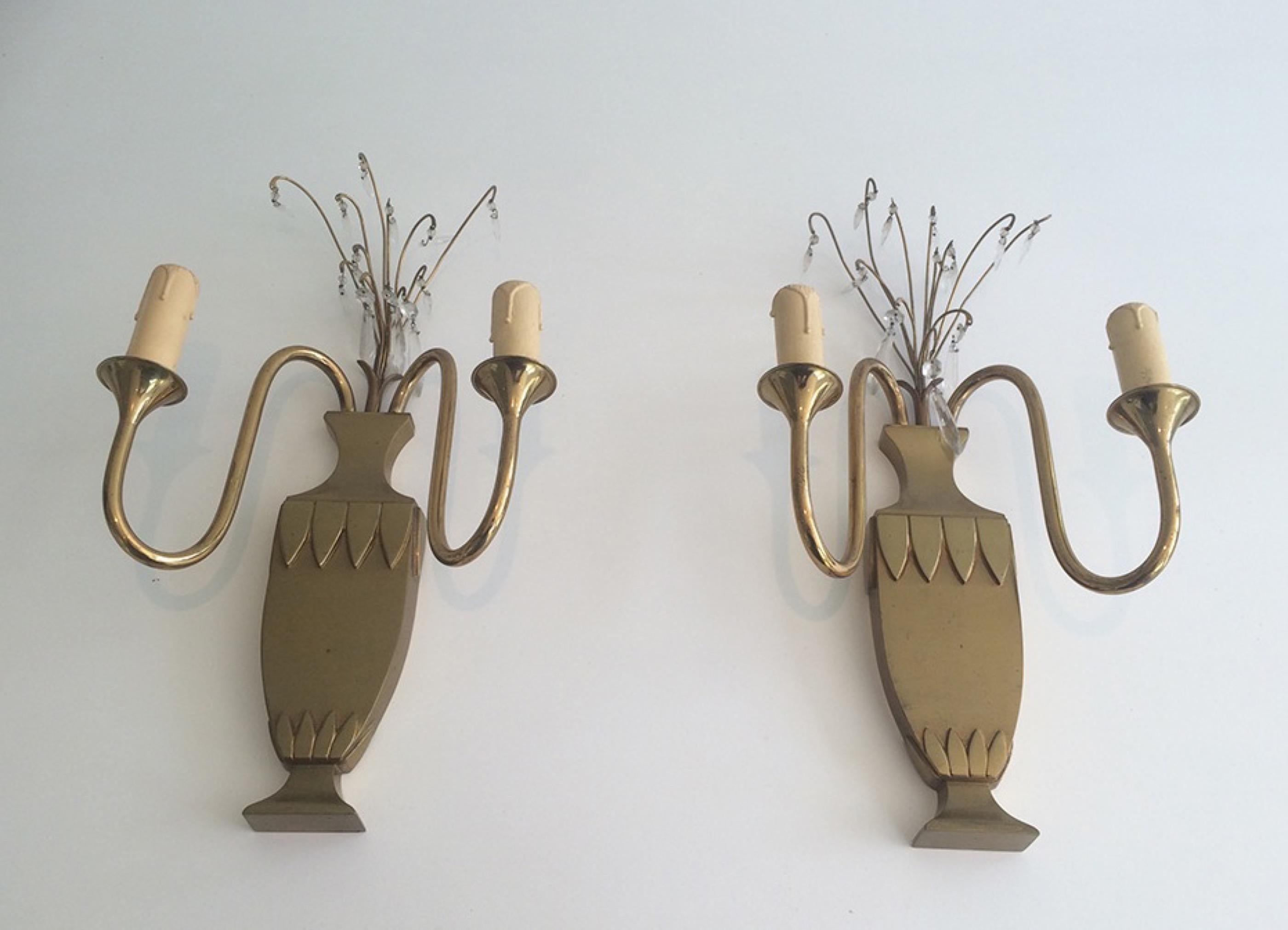 Mid-20th Century Pair of Decorative Neoclassical Brass & Crystal Wall Lights, French, circa 1940 For Sale