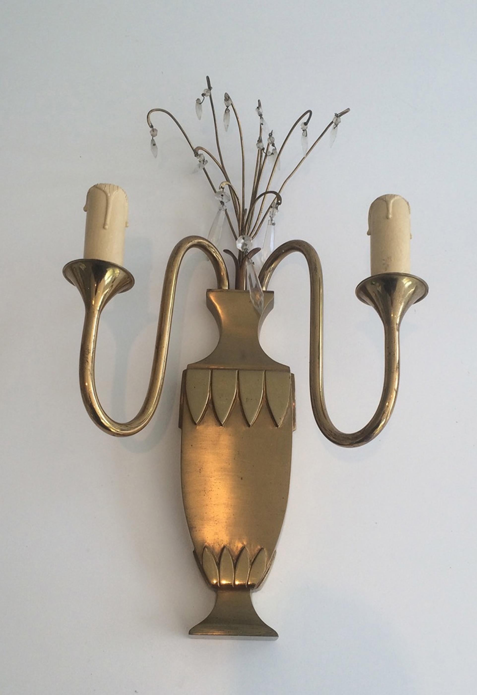 Pair of Decorative Neoclassical Brass & Crystal Wall Lights, French, circa 1940 For Sale 1