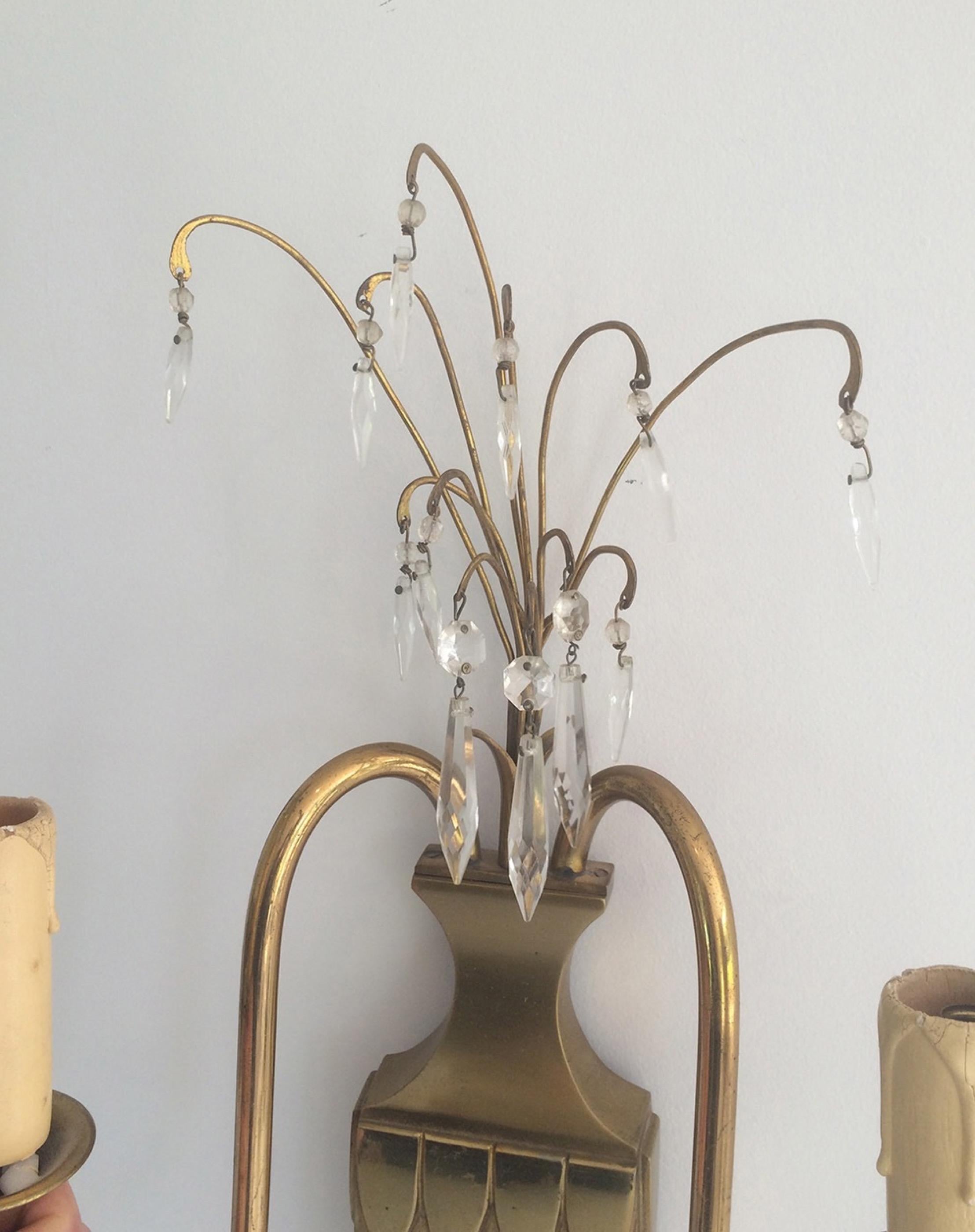 Pair of Decorative Neoclassical Brass & Crystal Wall Lights, French, circa 1940 For Sale 2