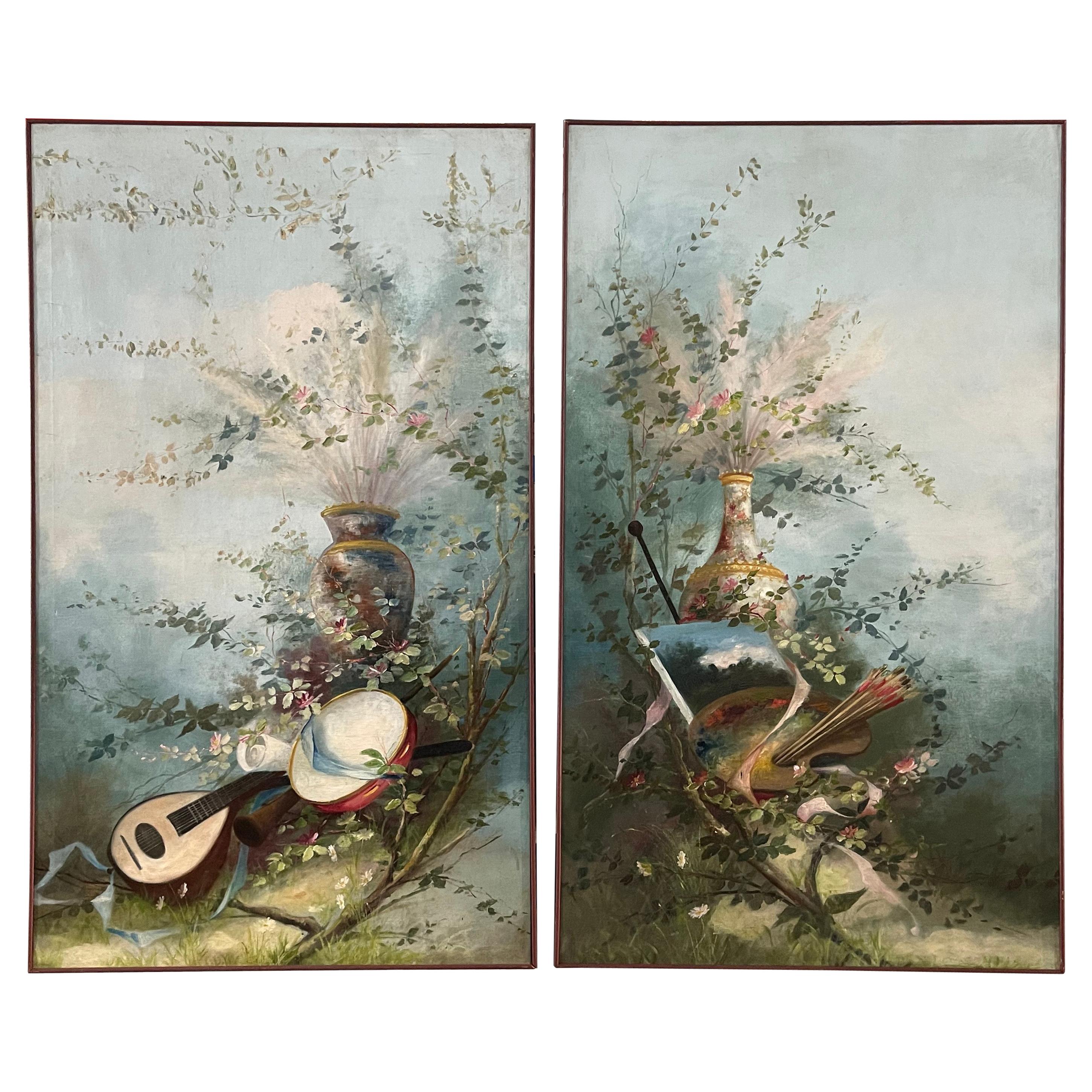 Pair of Decorative Oil on Canvas Paintings with a Floral Motif, 20th Century