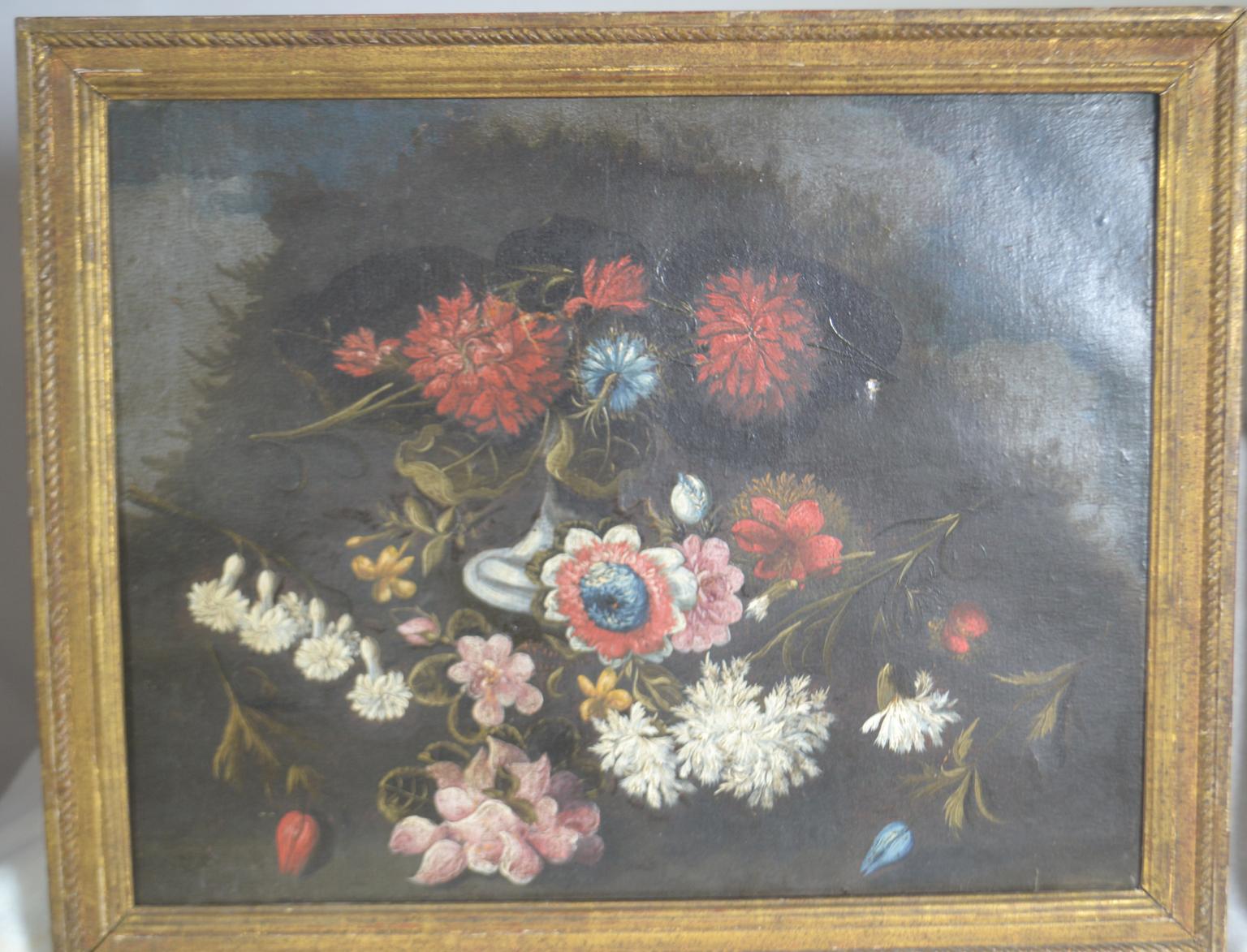 École continentale (19e siècle), une paire d'huiles décoratives sur toile représentant diverses fleurs sauvages dans un paysage, 15