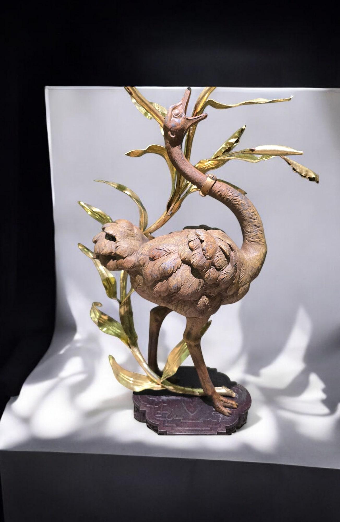 Coppia di lampade decorative a forma di struzzo - inizio 1900 in ottone dipinto a mano in vendita 7