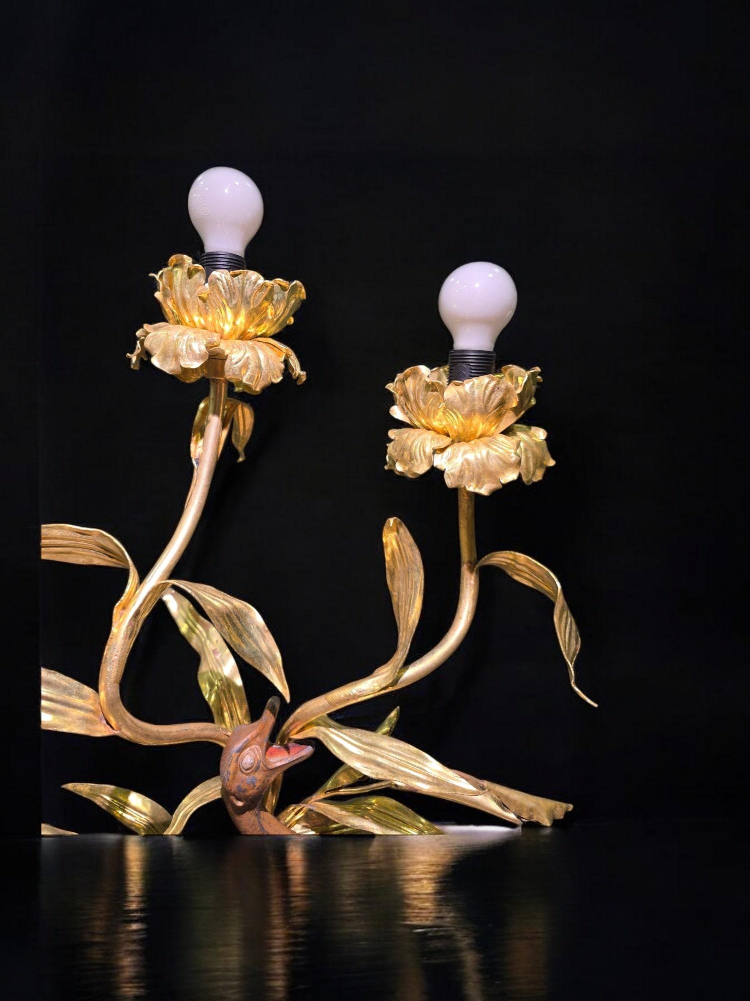 Coppia di lampade decorative a forma di struzzo - inizio 1900 in ottone dipinto a mano in vendita 8