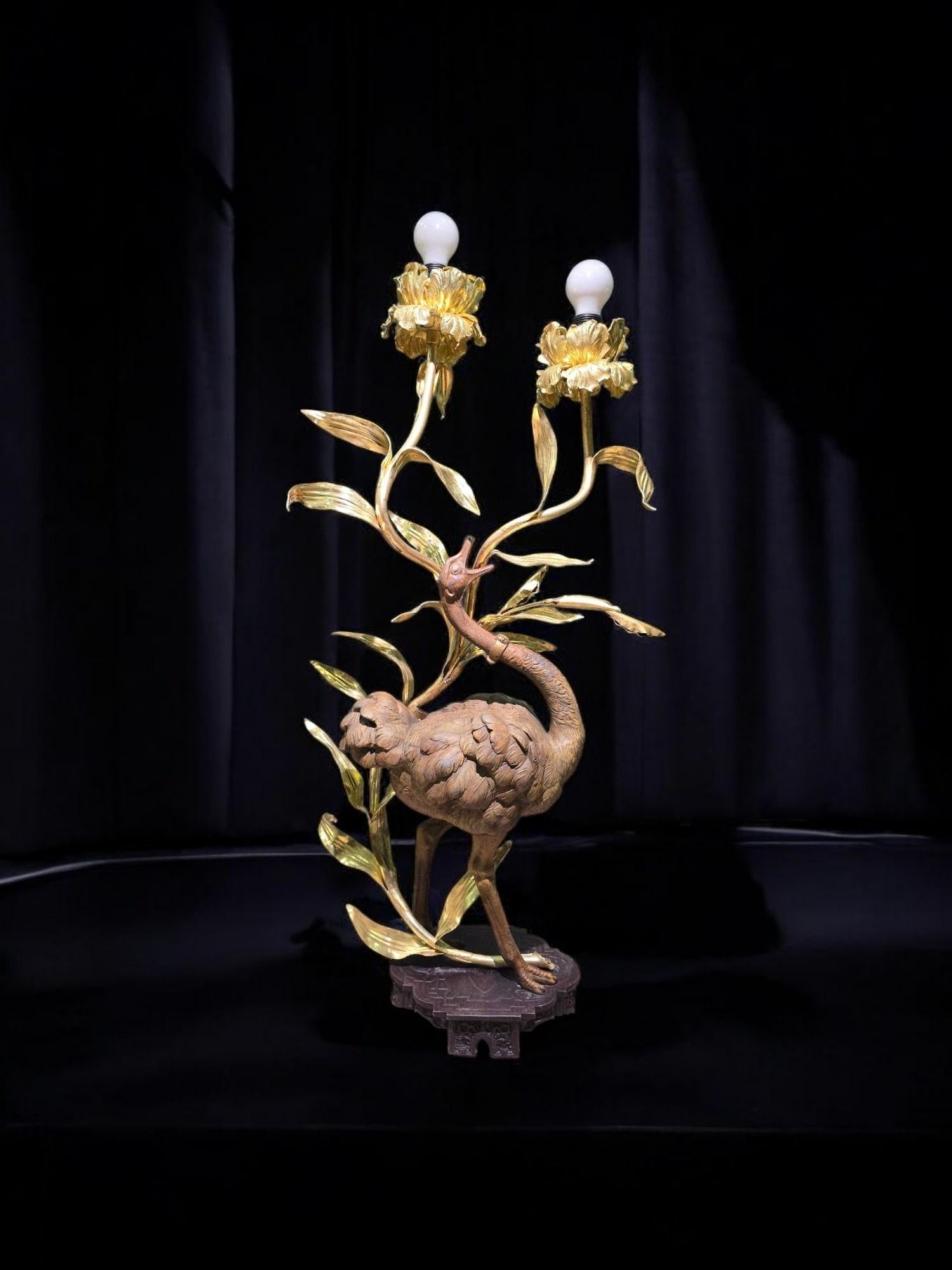Coppia di lampade decorative a forma di struzzo - inizio 1900 in ottone dipinto a mano in vendita 9