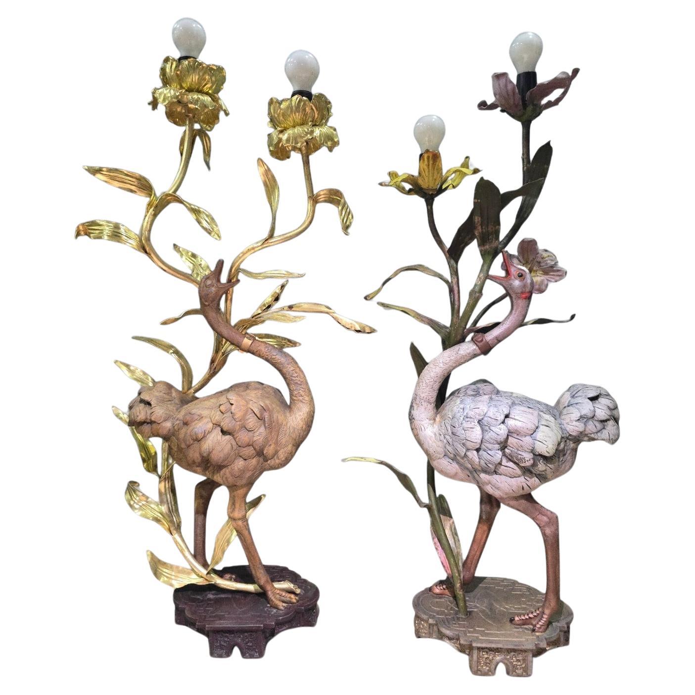 Pair of Decorative Ostrich Lamps – Early 1900s Hand-Painted Brass