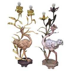 Pair of Decorative Ostrich Lamps – Early 1900s Hand-Painted Brass