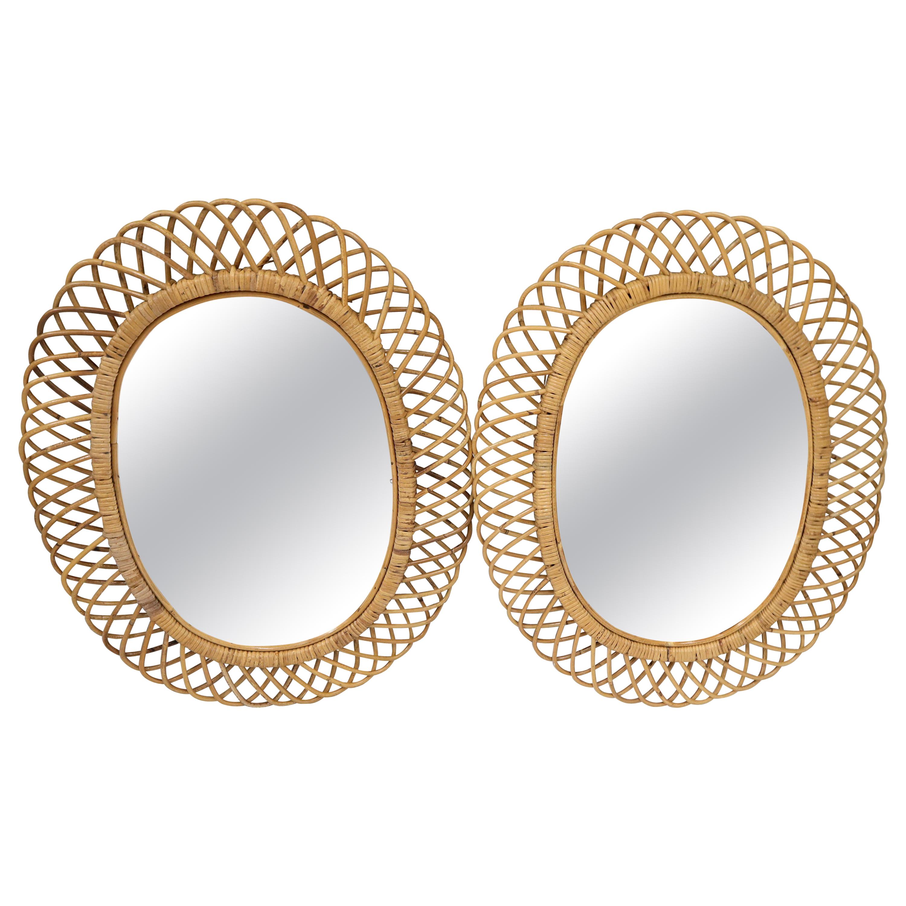 Pair of Decorative Oval Rattan Frames Mirrors