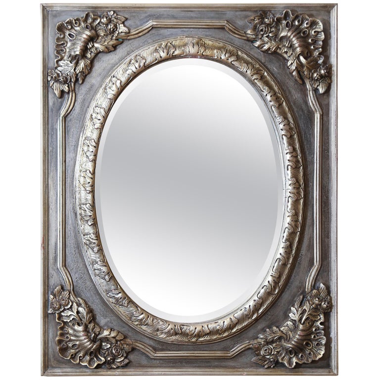 Pair of Decorative Painted and Silver Gilt Mirrors with Oval Shape For