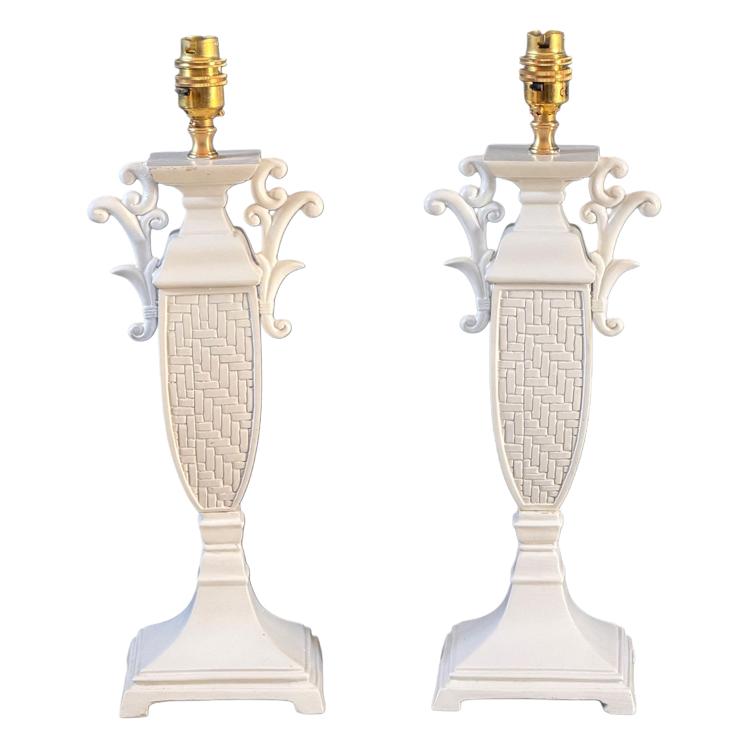 Pair Of Decorative Painted Neoclassical Urn Style Metal Table Lamps
