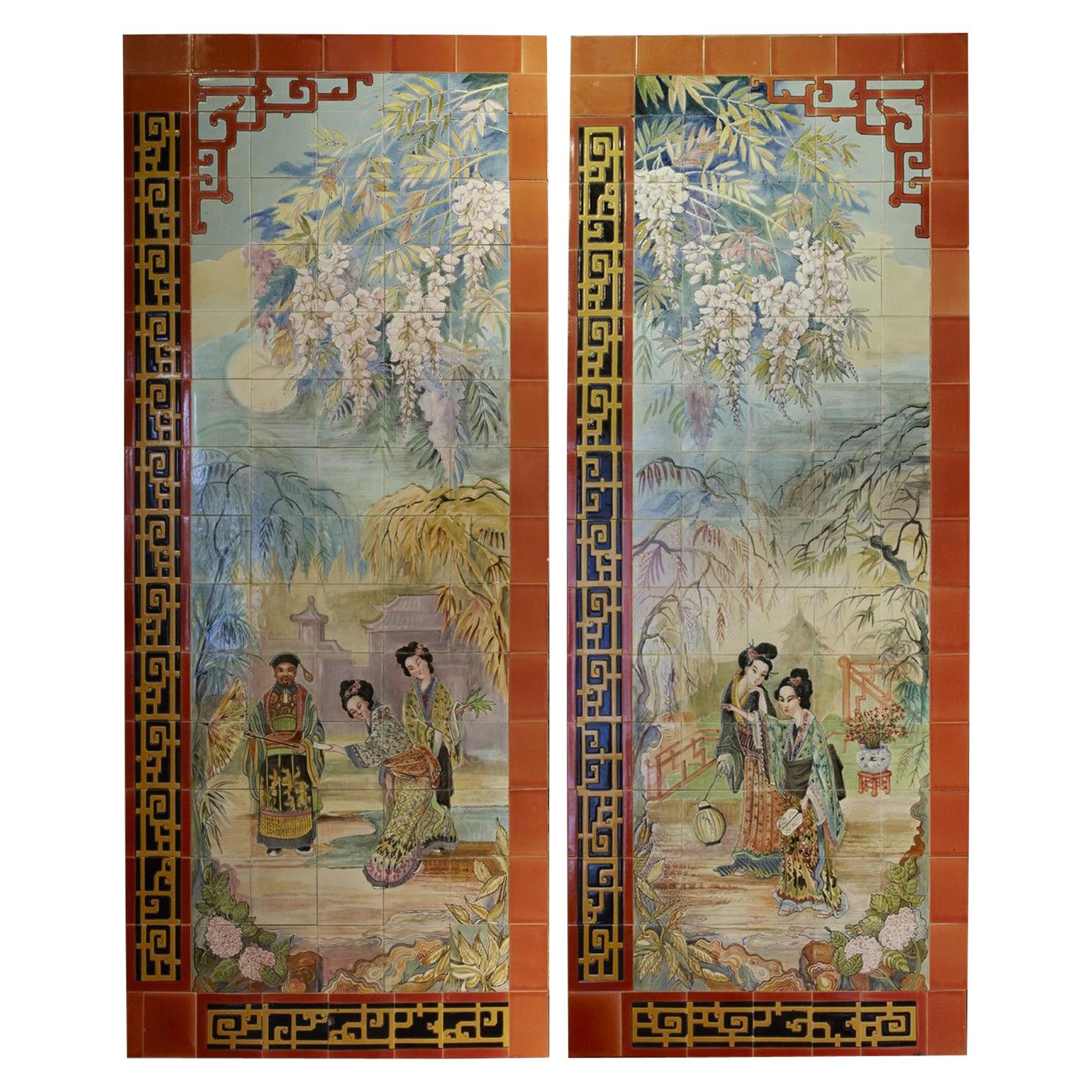 Pair of Decorative Panels with Japanese Decoration, Helman, Belgium, circa 1900 For Sale