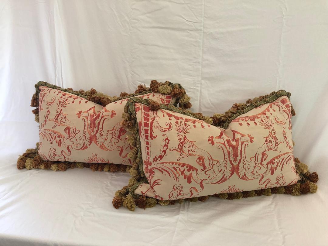 Very decorative pair of Red-on-Crème Fortuny rectangular down-filled cushions with tassel fringe. Fortuny's 