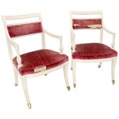 Pair of Decorative Regency Style Armchairs on Brass Ball Feet