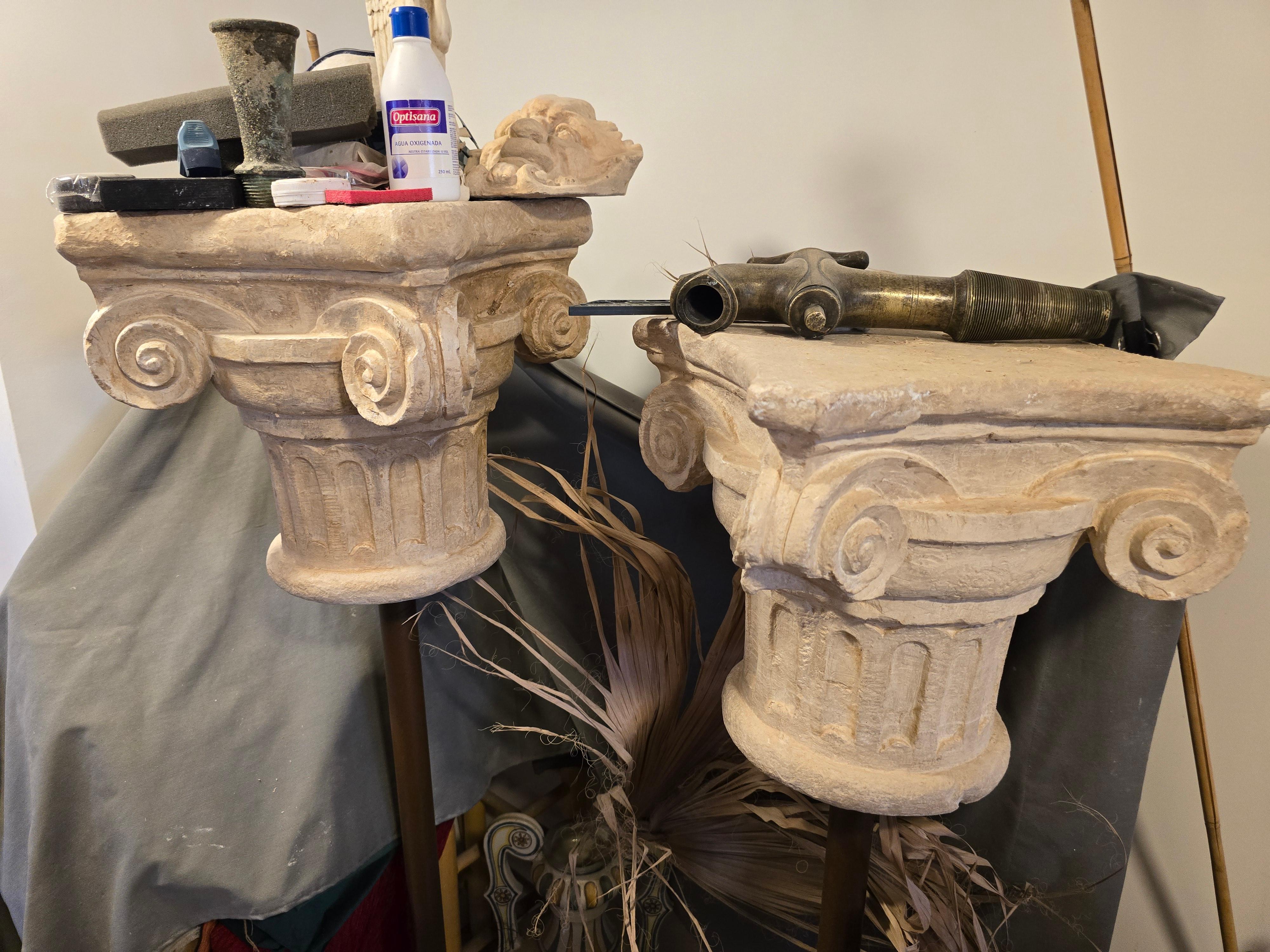 This stunning pair of Romanesque capitals, crafted from terracotta or a similar material in the 1950s, offers a beautiful representation of medieval artistry. With their intricate designs and robust construction, these capitals are perfect for