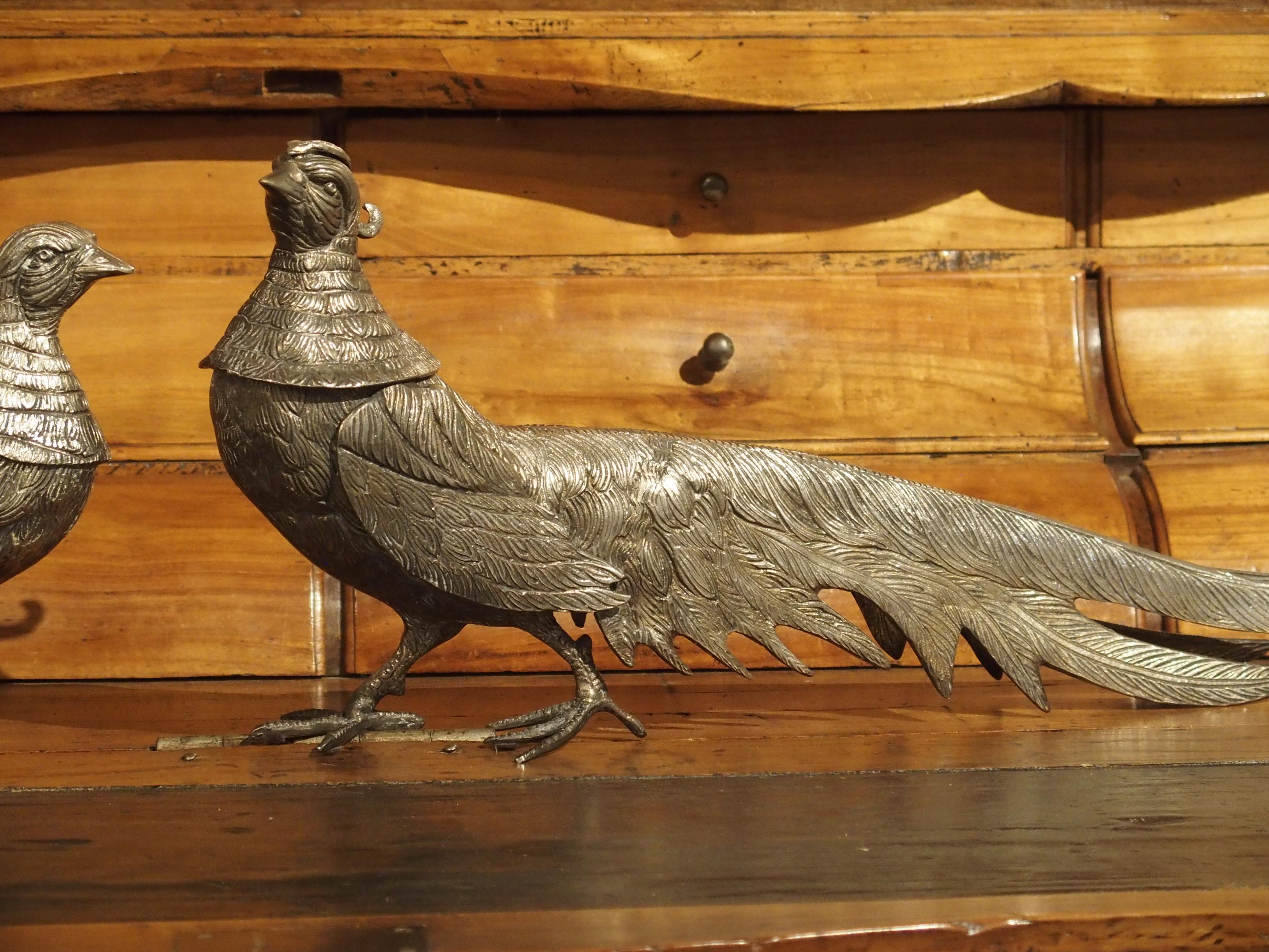 Pair of Decorative Silvered Pheasant Statues from France 11