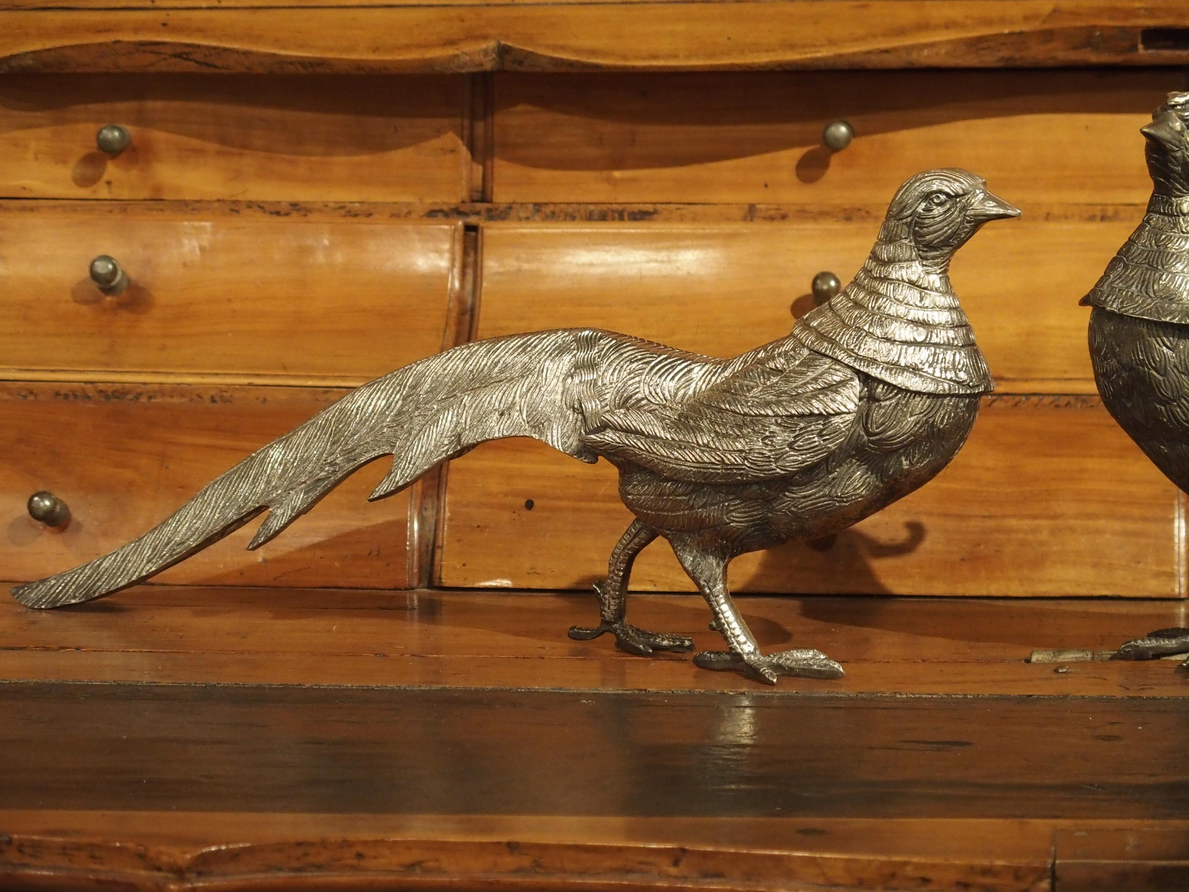 Pair of Decorative Silvered Pheasant Statues from France 12