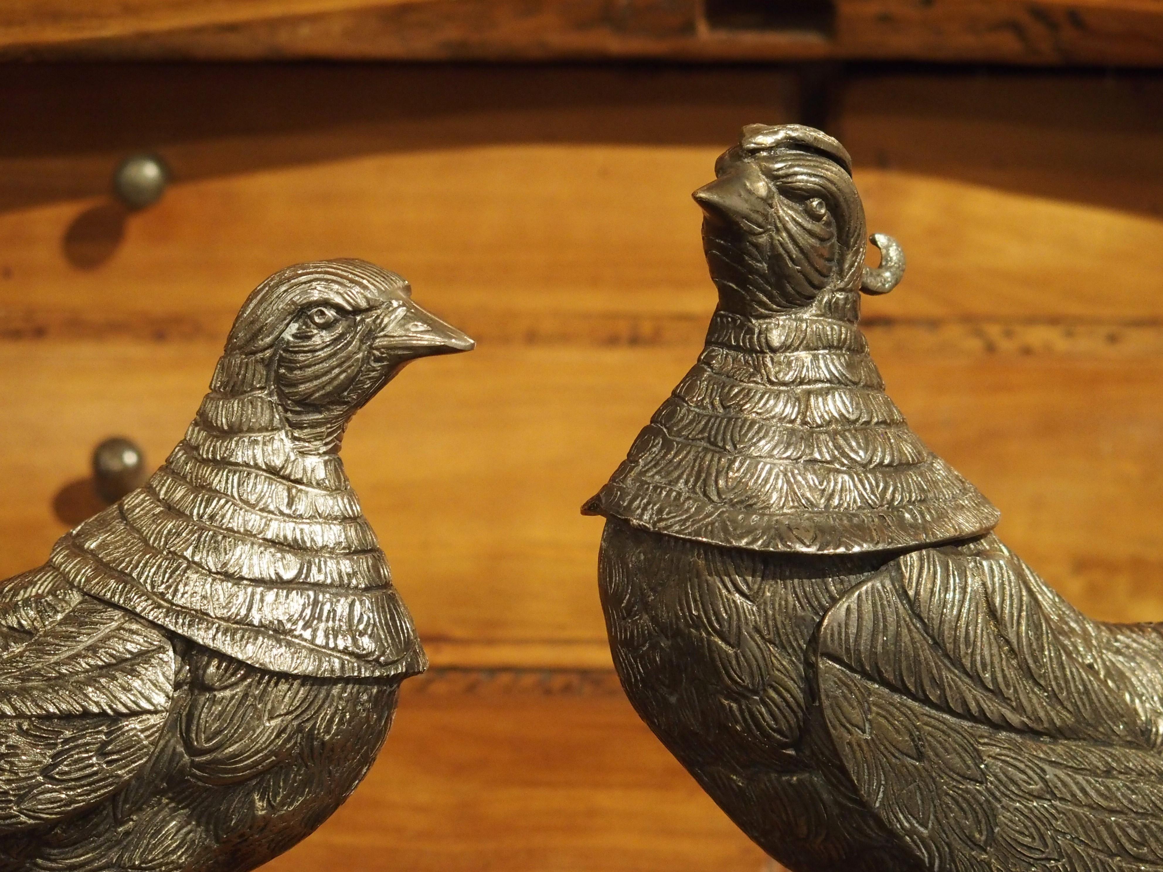 Pair of Decorative Silvered Pheasant Statues from France 13