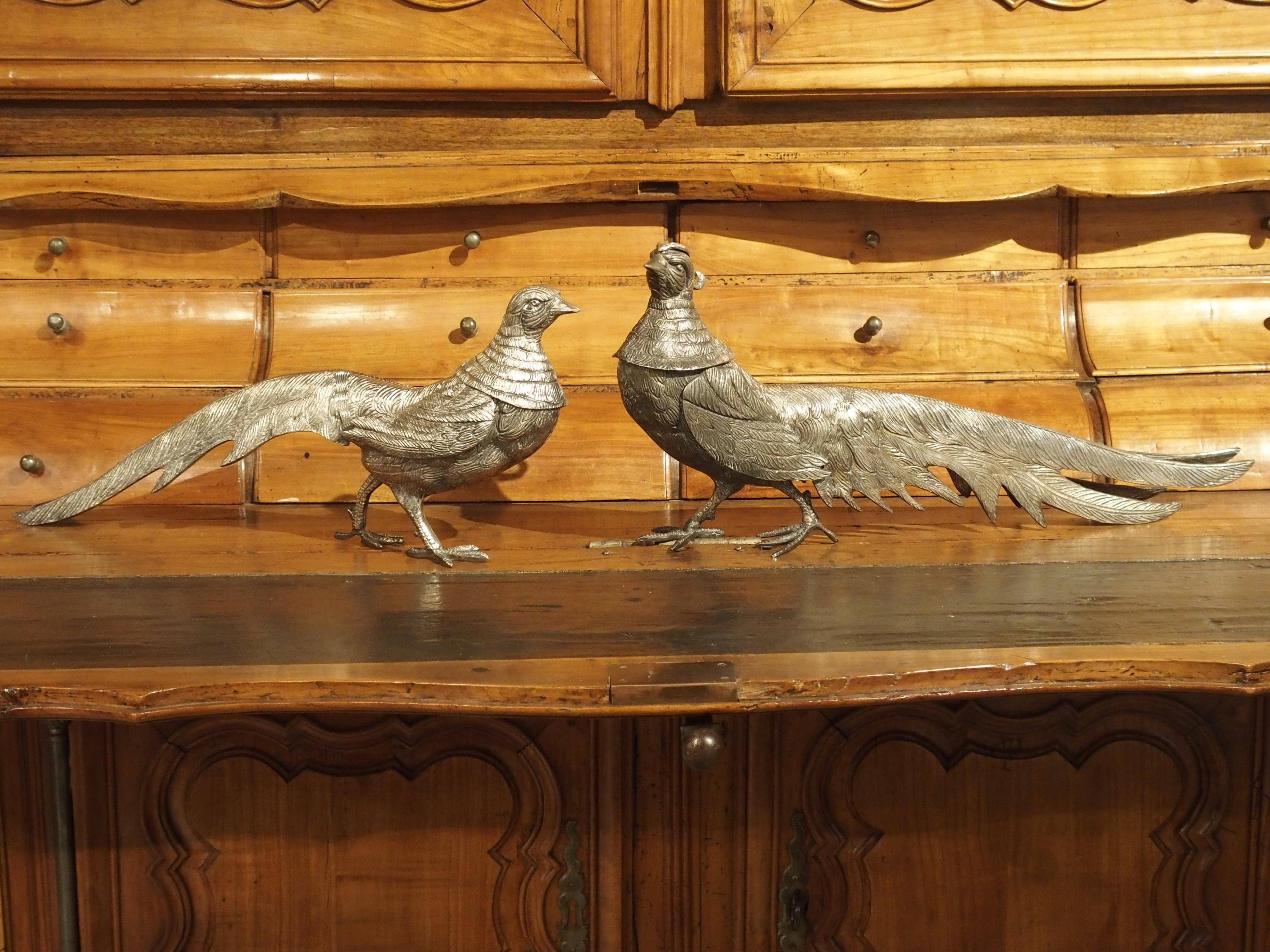 Pair of Decorative Silvered Pheasant Statues from France 14