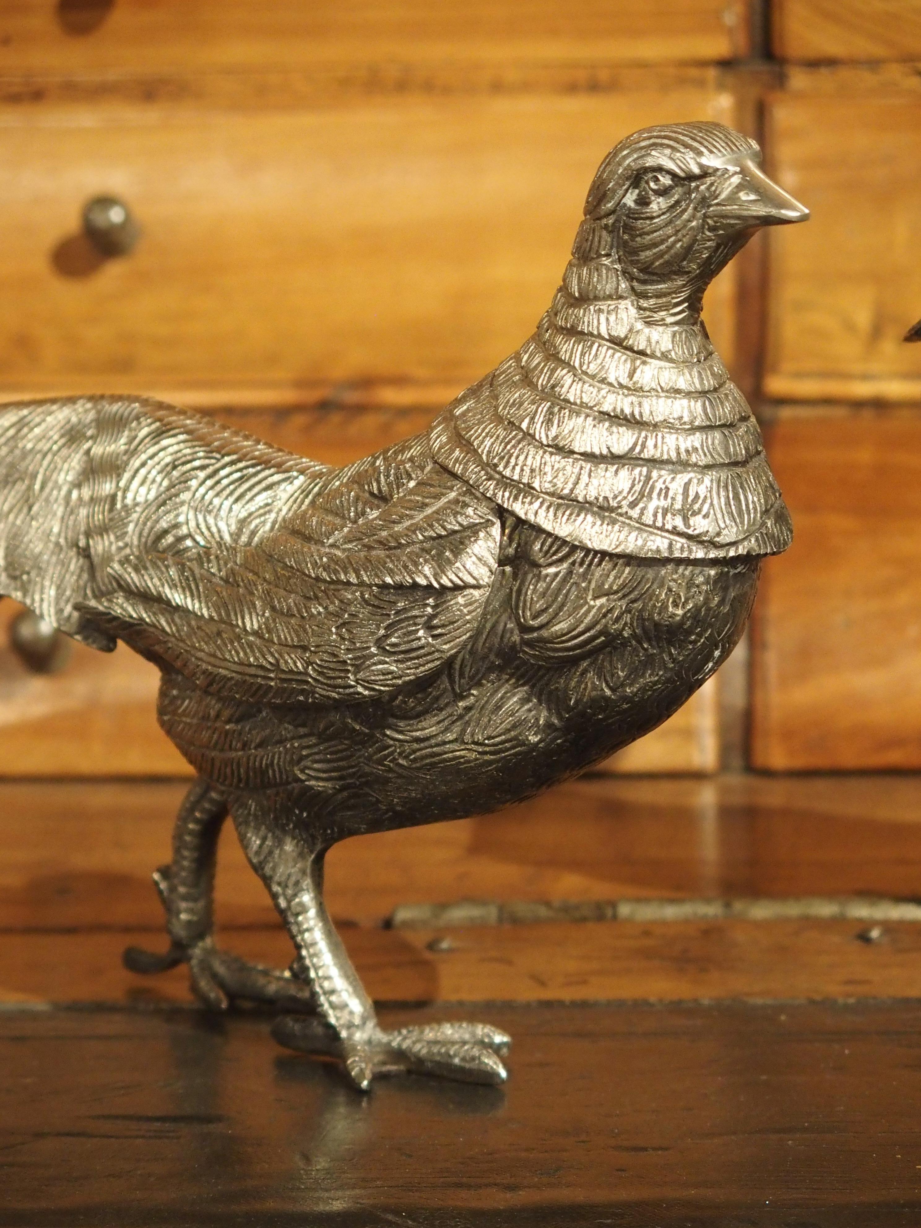 French Pair of Decorative Silvered Pheasant Statues from France