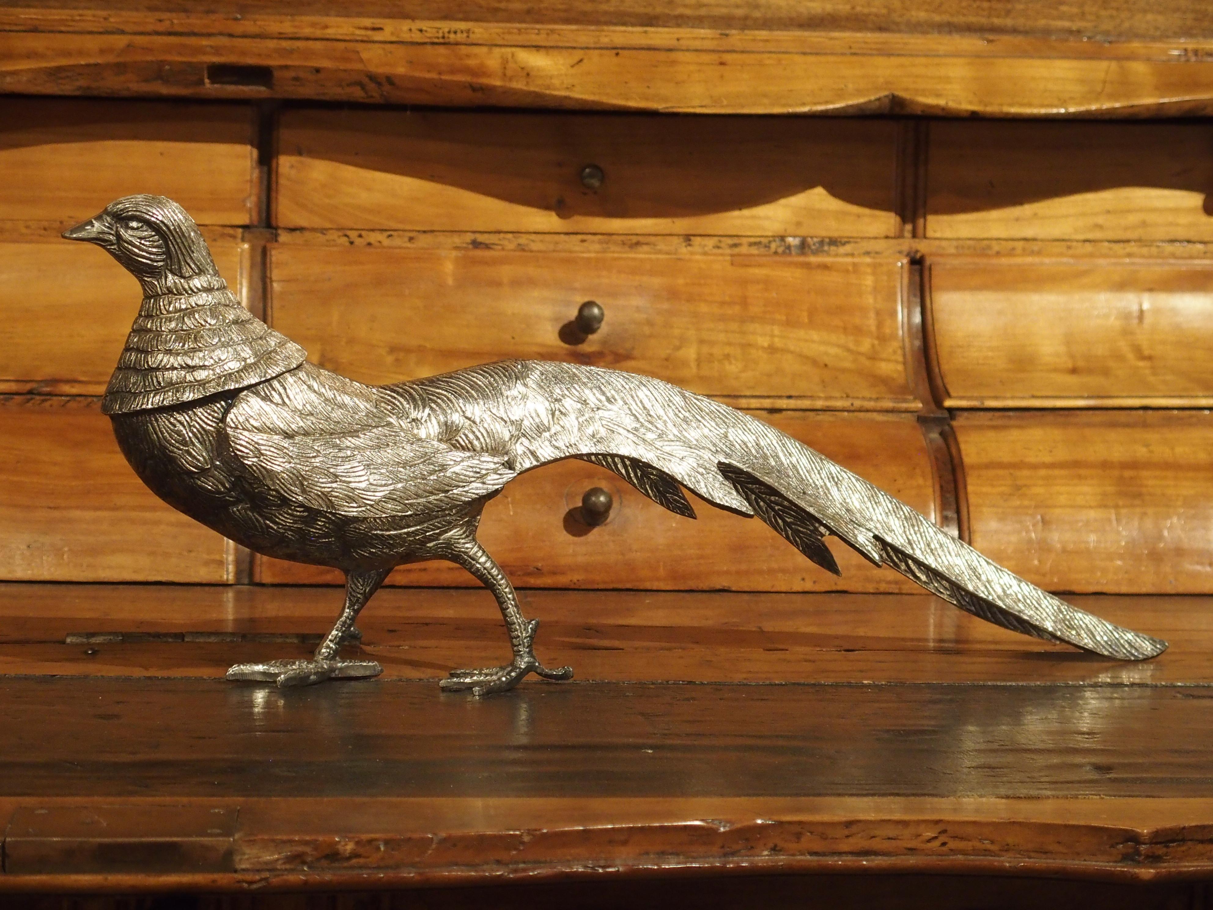 Pair of Decorative Silvered Pheasant Statues from France In Good Condition In Dallas, TX