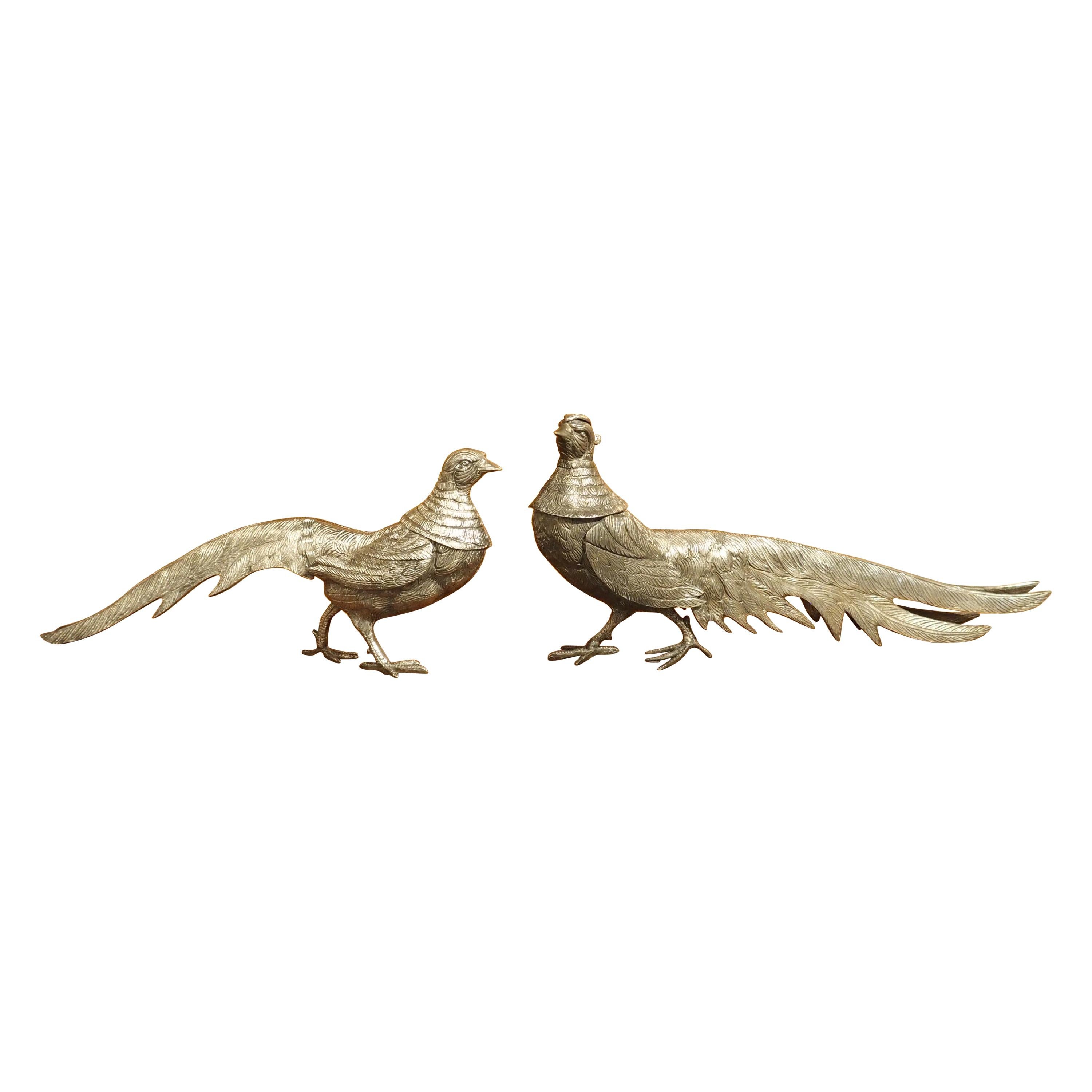 Pair of Decorative Silvered Pheasant Statues from France