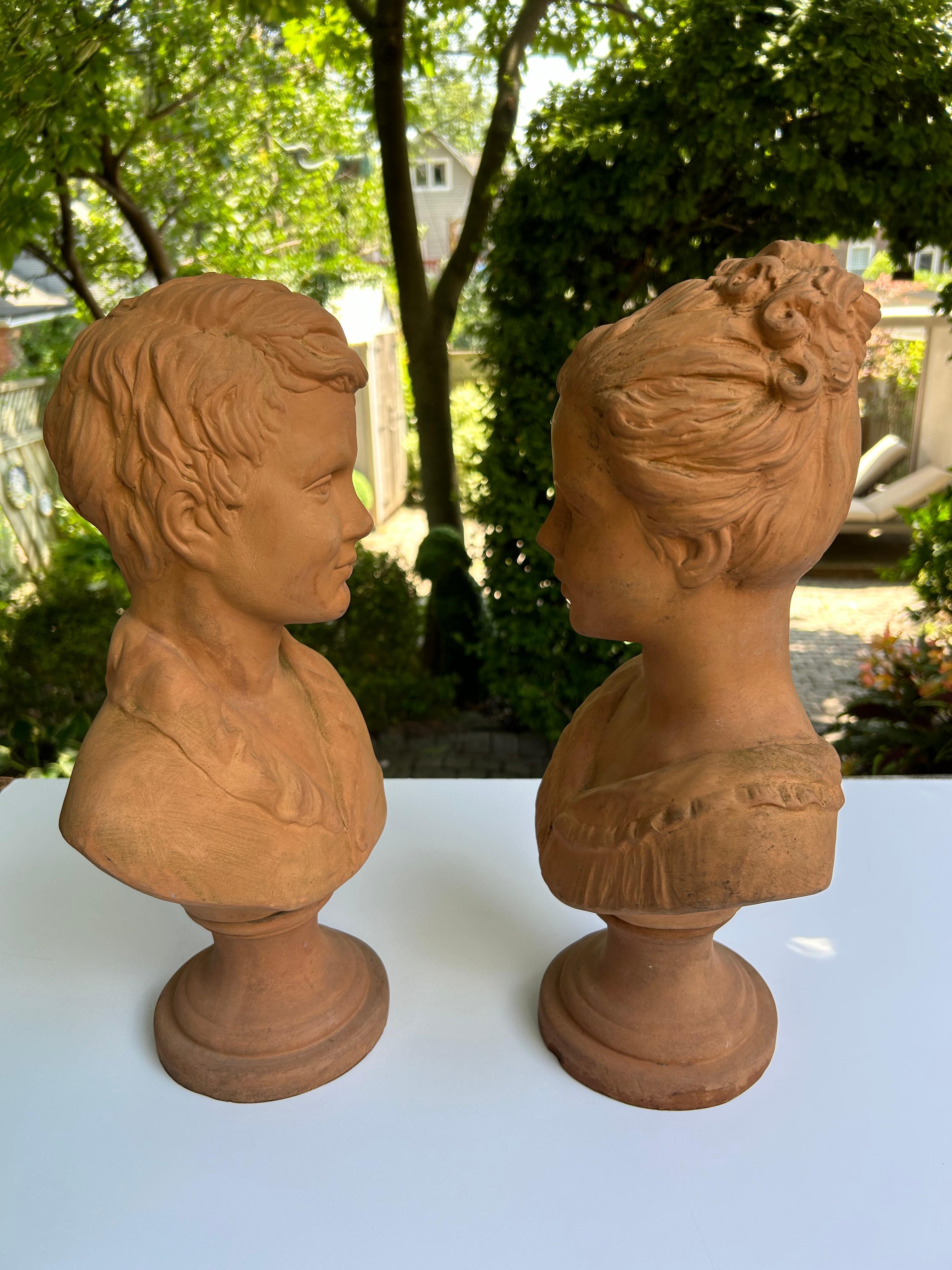 Pair Of Terracotta Busts of Boy and Girl In Good Condition For Sale In Toronto, CA