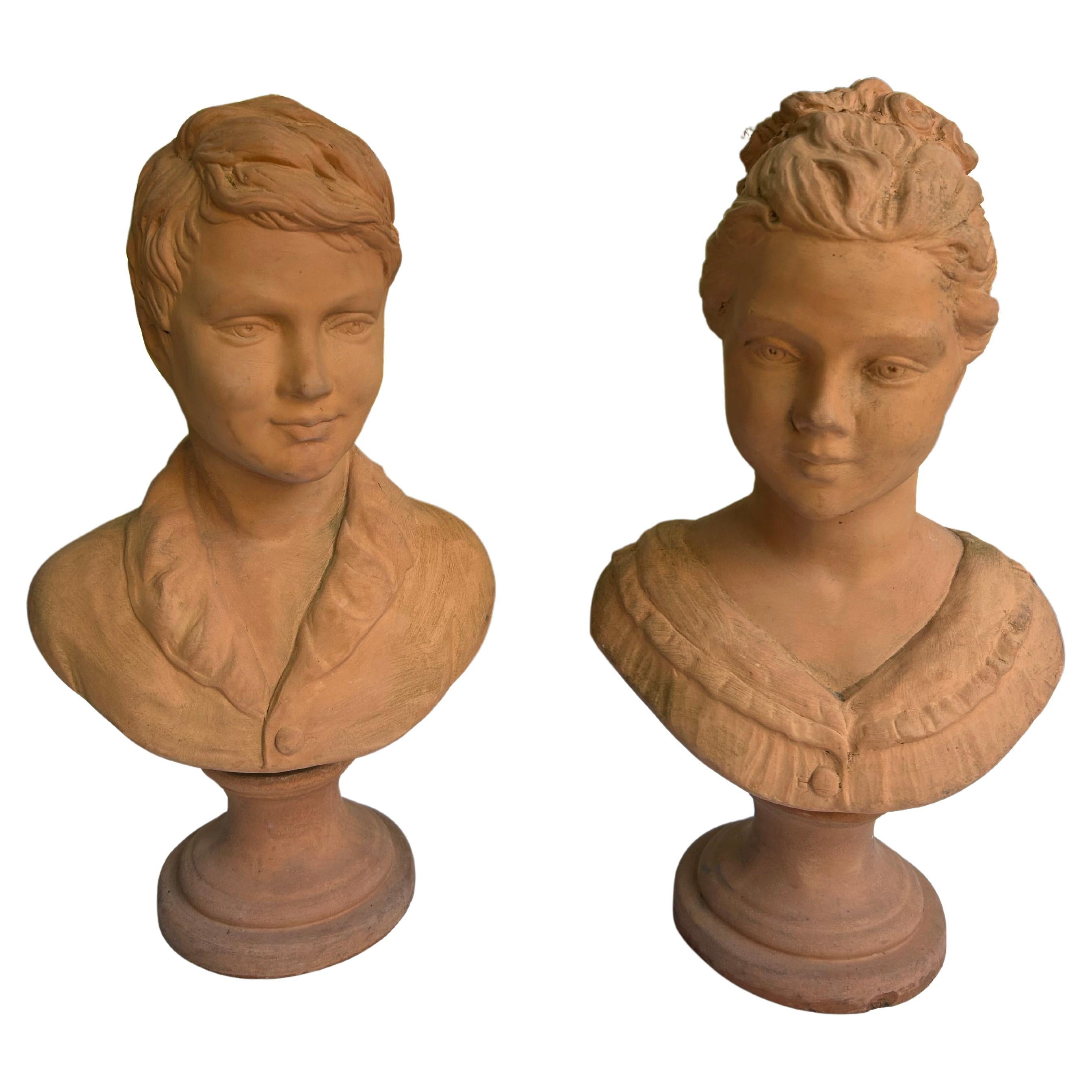 Pair Of Terracotta Busts of Boy and Girl For Sale