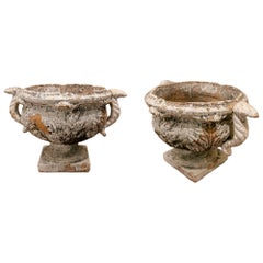 Pair of Decorative Terracotta Cups with Aged Patina and Handles