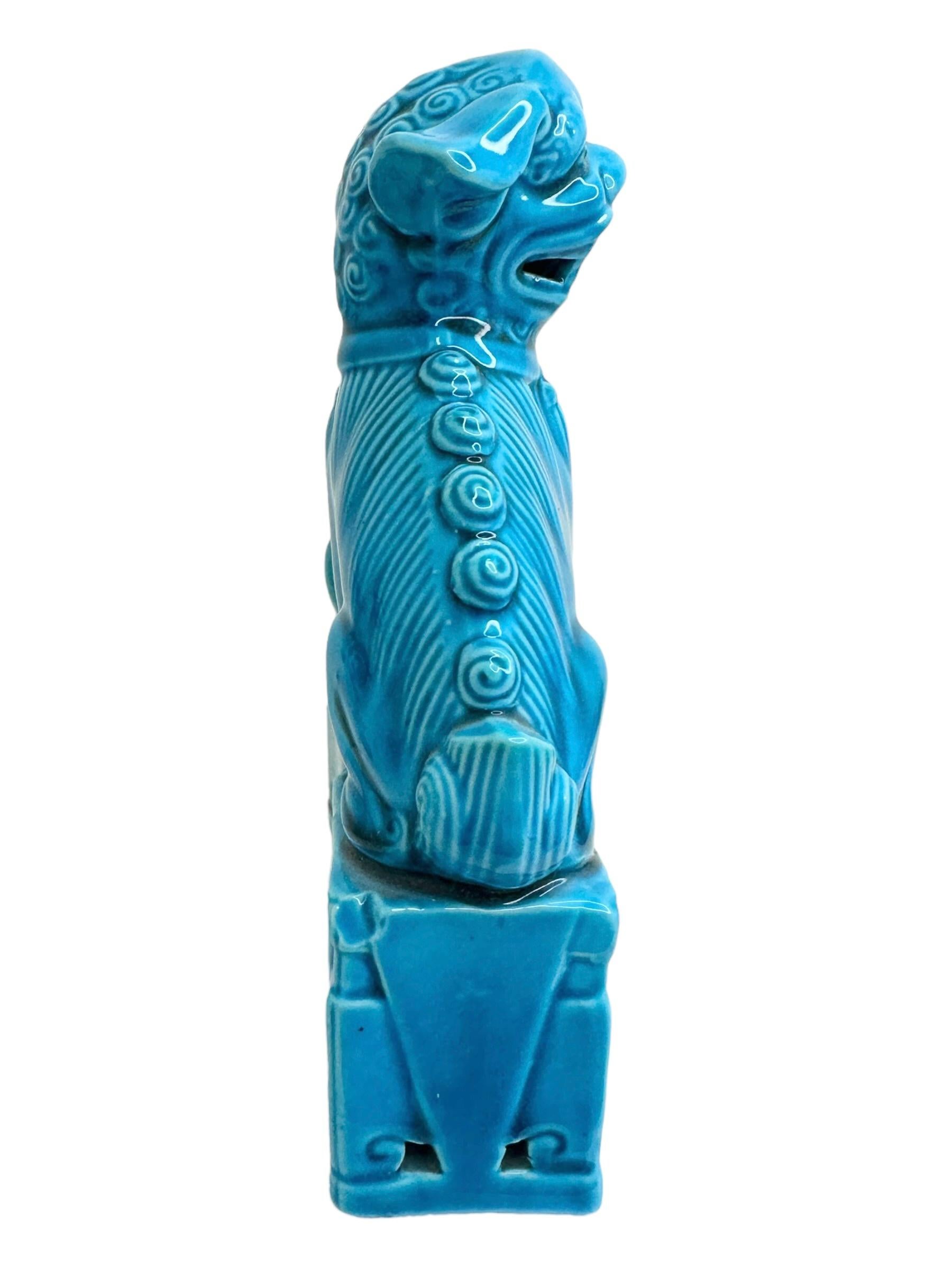 Hollywood Regency Pair of Decorative Turquoise Blue Foo Dogs Sculptures, Ceramic Statue For Sale