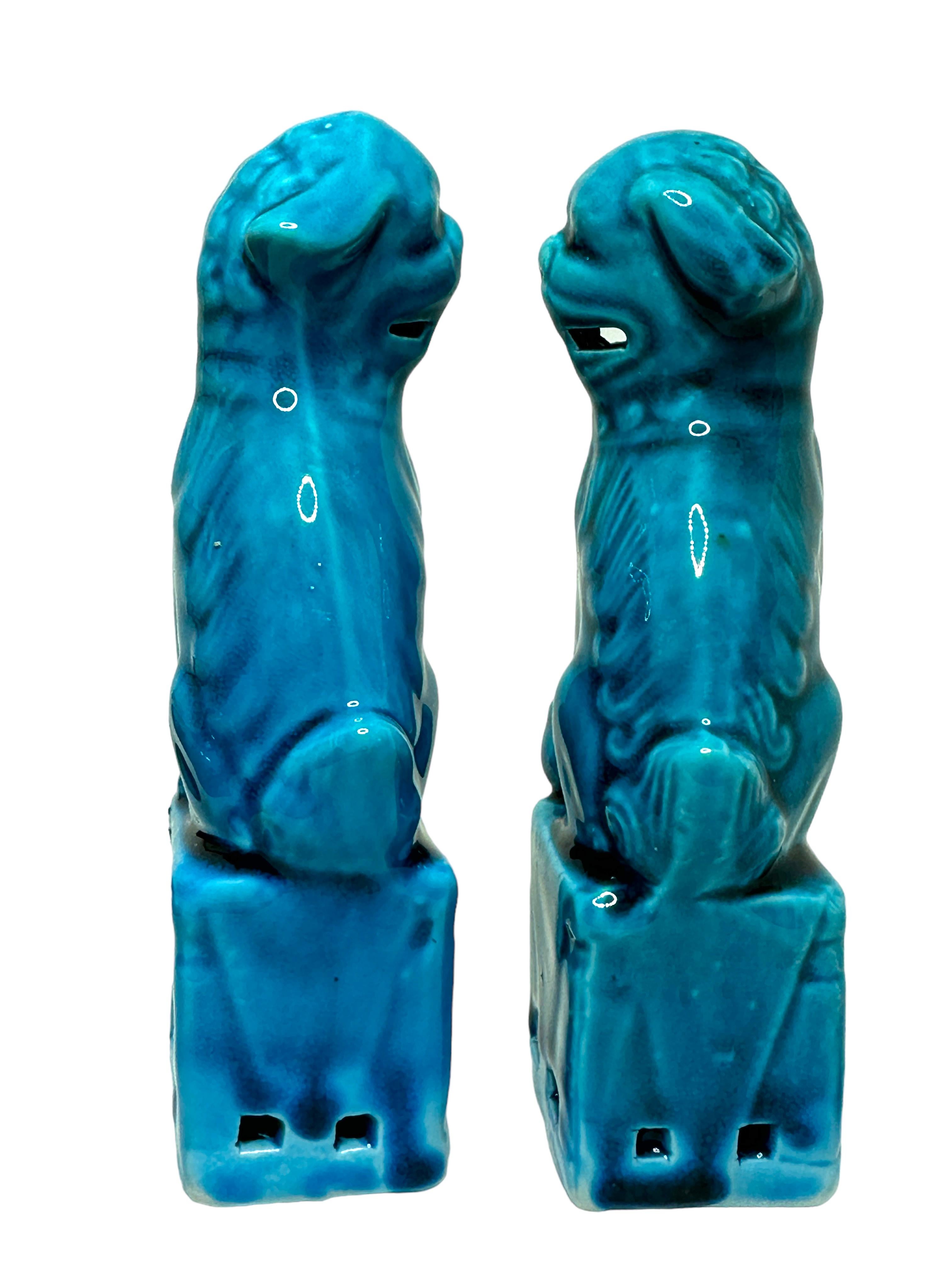 Chinese Pair of Decorative Turquoise Blue Foo Dogs Sculptures, Ceramic Statue For Sale