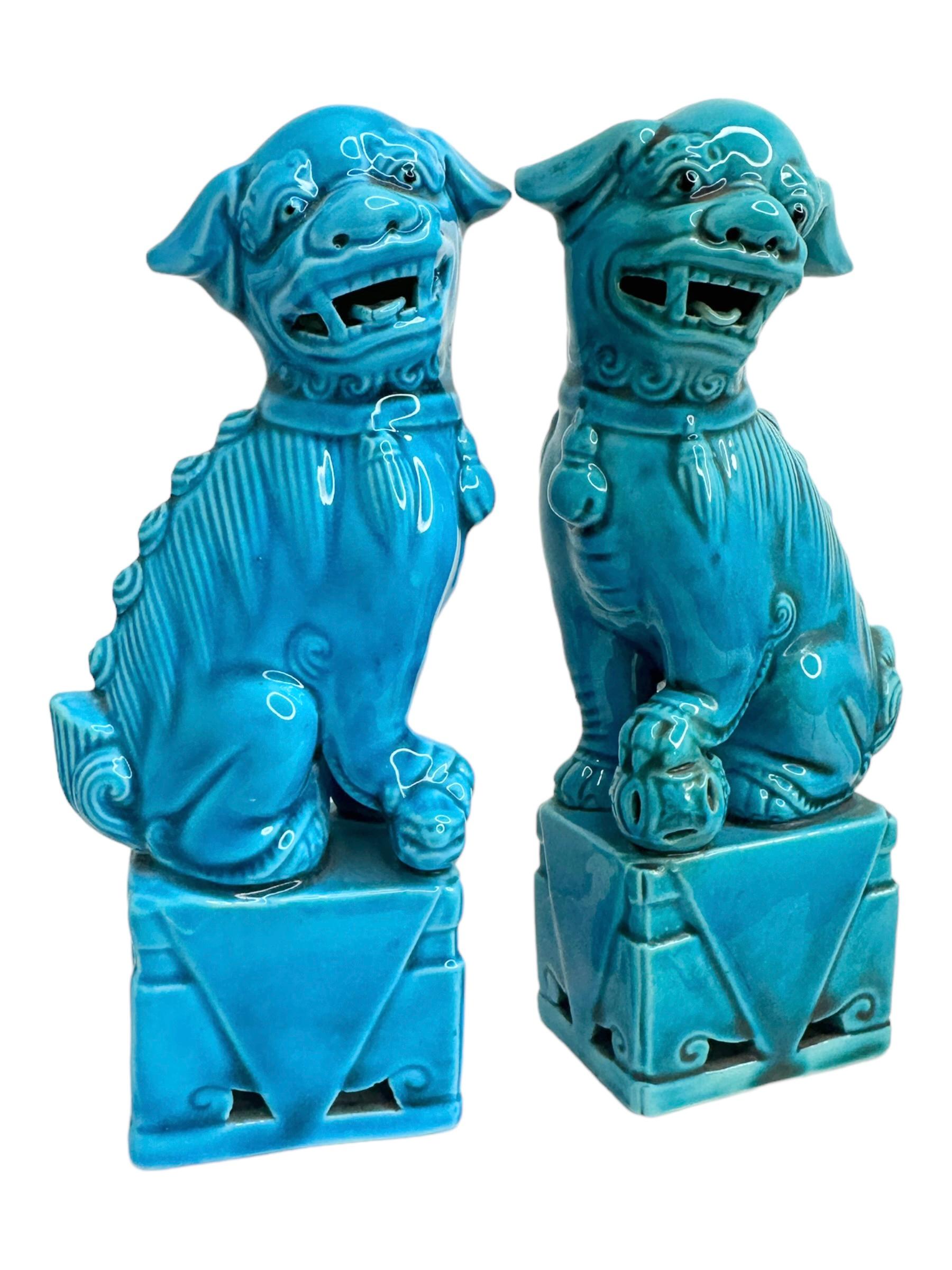 Chinese Pair of Decorative Turquoise Blue Foo Dogs Sculptures, Ceramic Statue For Sale