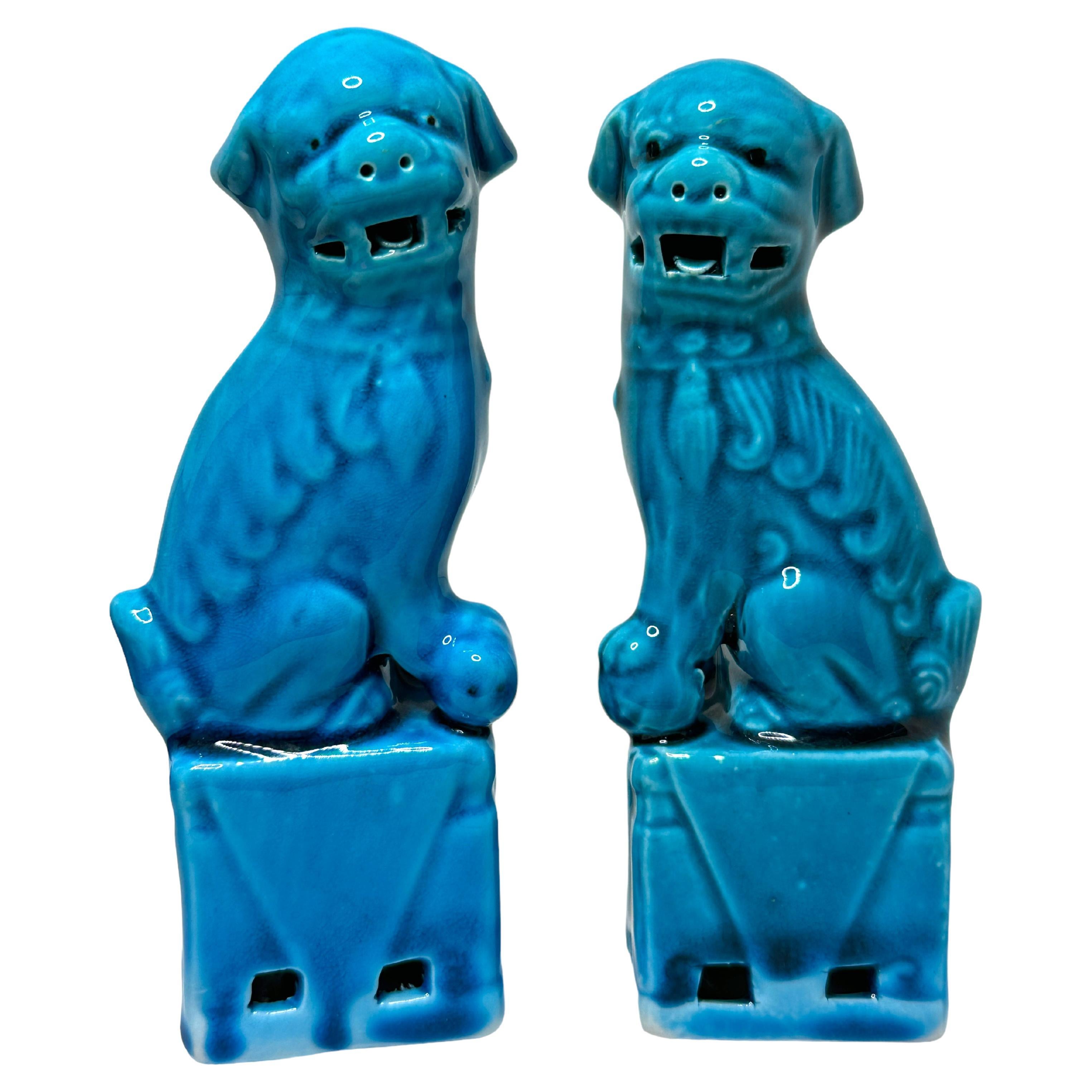 Pair of Decorative Turquoise Blue Foo Dogs Sculptures, Ceramic Statue For Sale