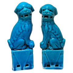 Pair of Decorative Turquoise Blue Foo Dogs Sculptures, Ceramic Statue