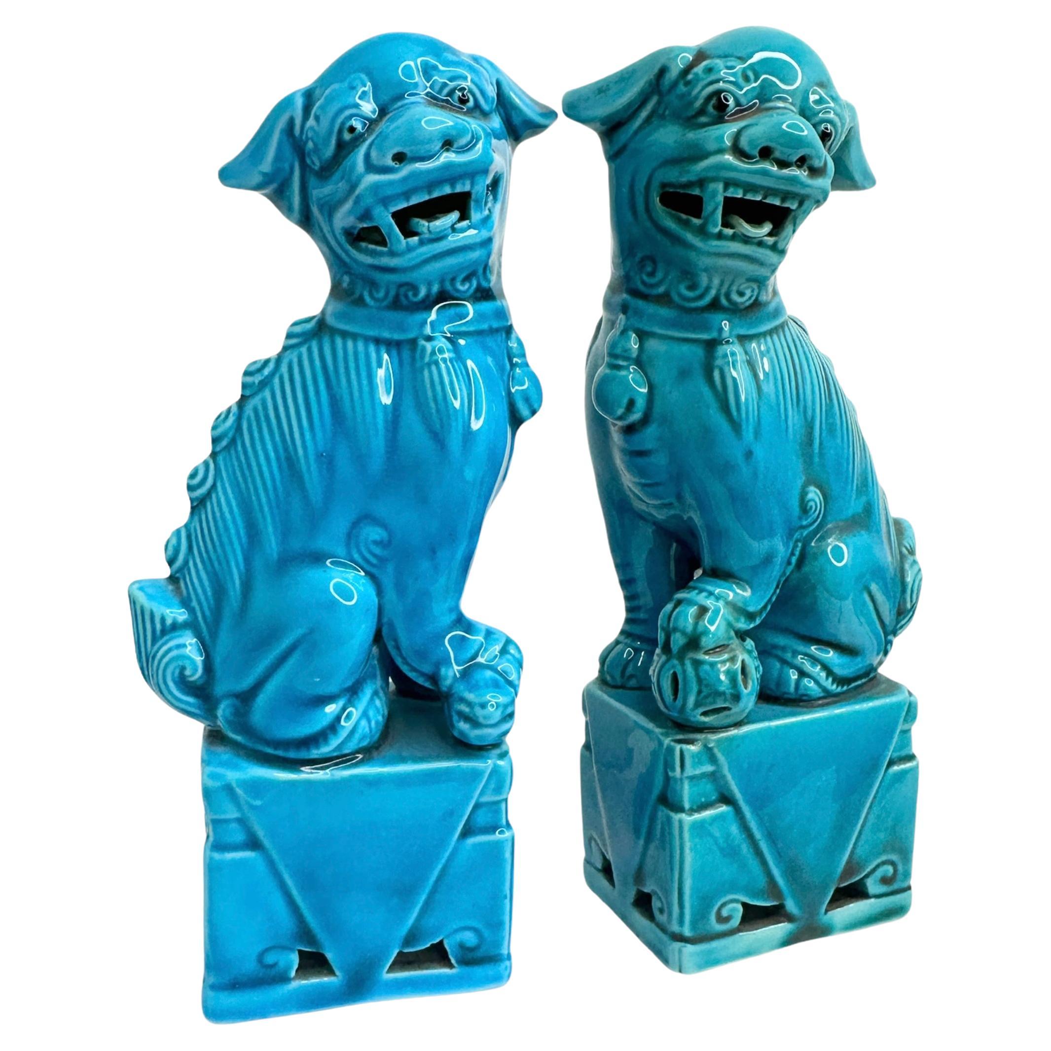 Dekorative türkisblaue Foo-Hunde-Skulpturen, Keramikstatue, Paar im Angebot