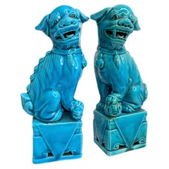 Vintage Pair of Decorative Turquoise Blue Foo Dogs Sculptures, Ceramic Statue