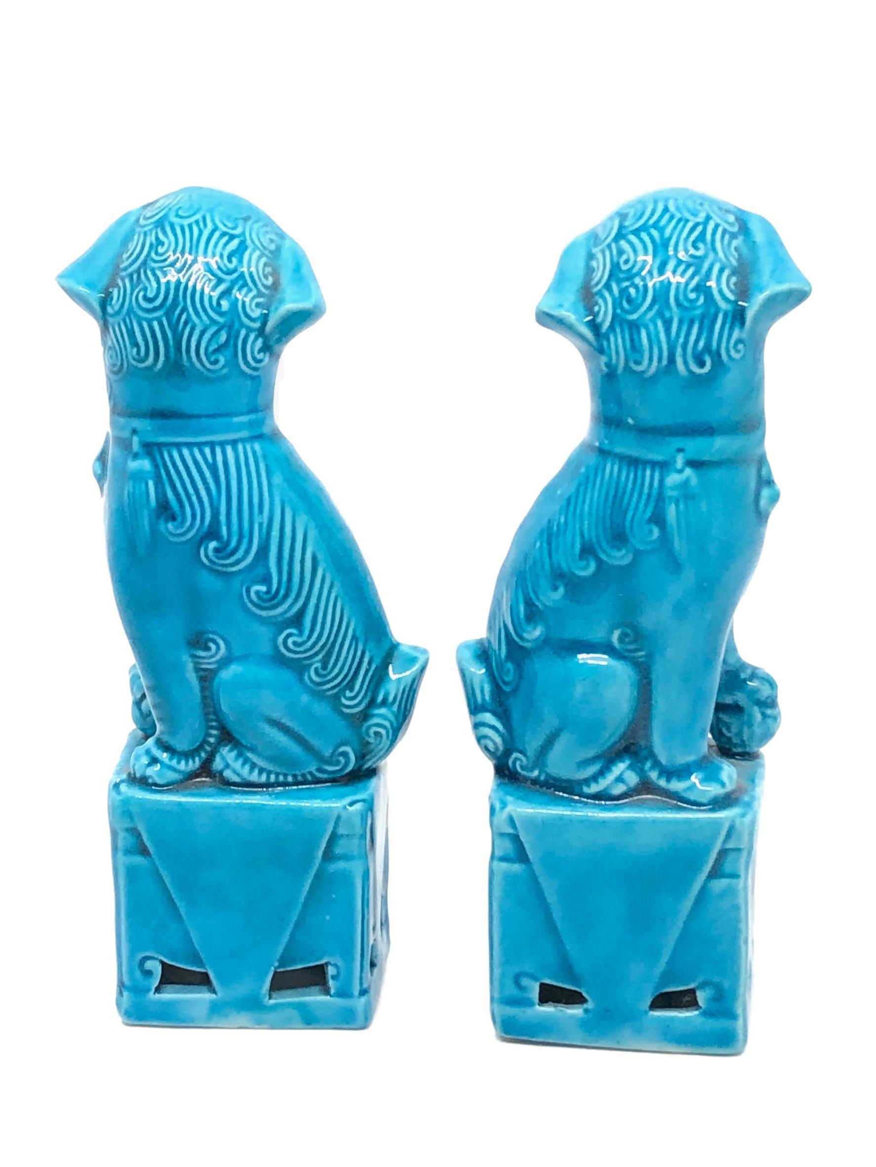 Hollywood Regency Pair of Decorative Turquoise Blue Mini Foo Dogs Sculptures