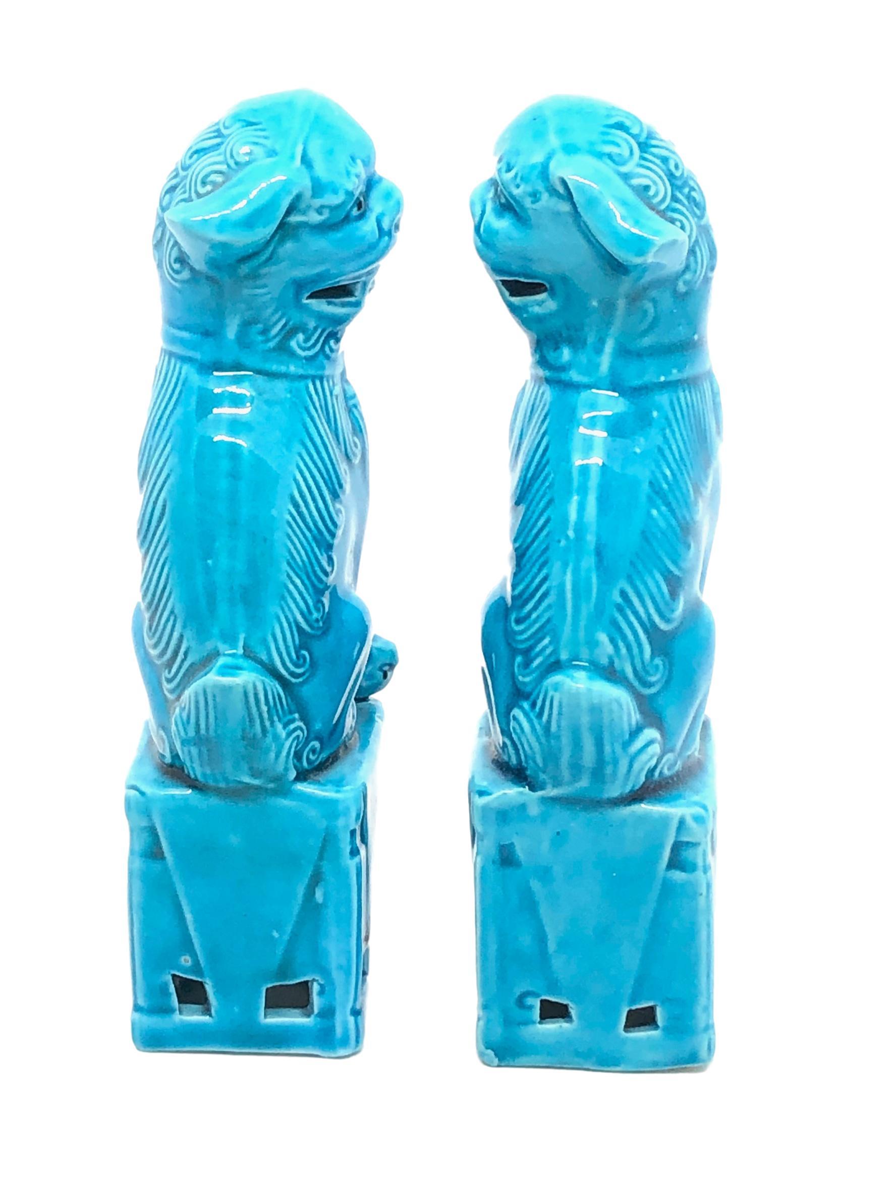 Chinese Pair of Decorative Turquoise Blue Mini Foo Dogs Sculptures