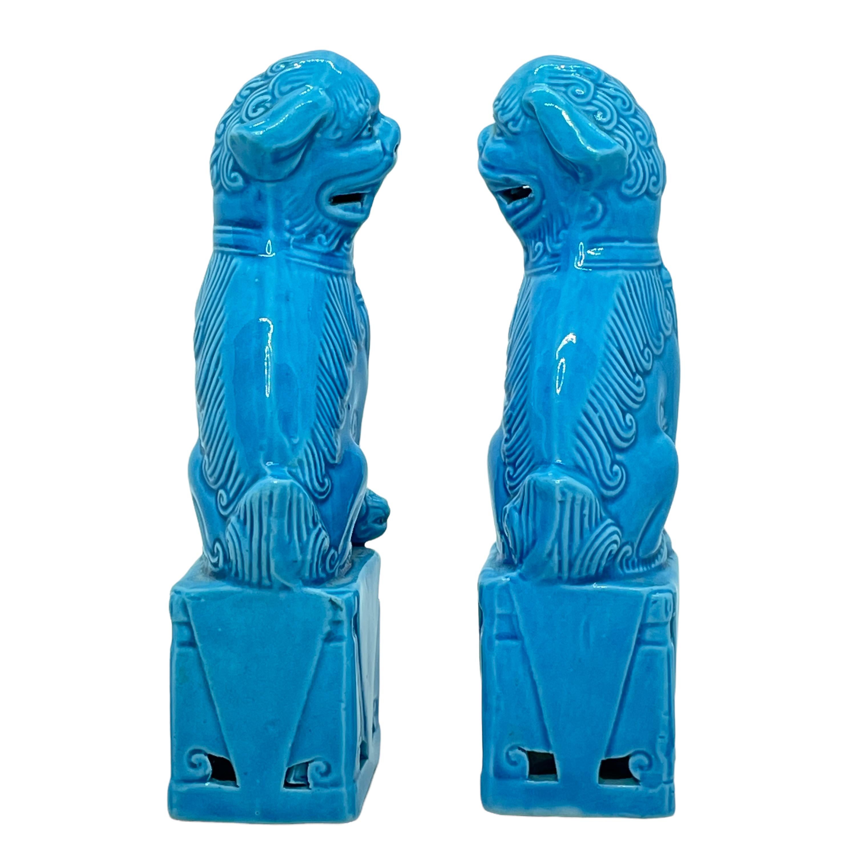 Hollywood Regency Pair of Decorative Turquoise Blue Mini Foo Dogs Sculptures