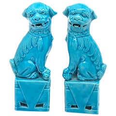 Retro Pair of Decorative Turquoise Blue Mini Foo Dogs Sculptures