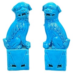 Retro Pair of Decorative Turquoise Blue Mini Foo Dogs Sculptures