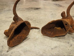 Pair of Decorative Vintage Rusted Cast Iron Bull Heads from France