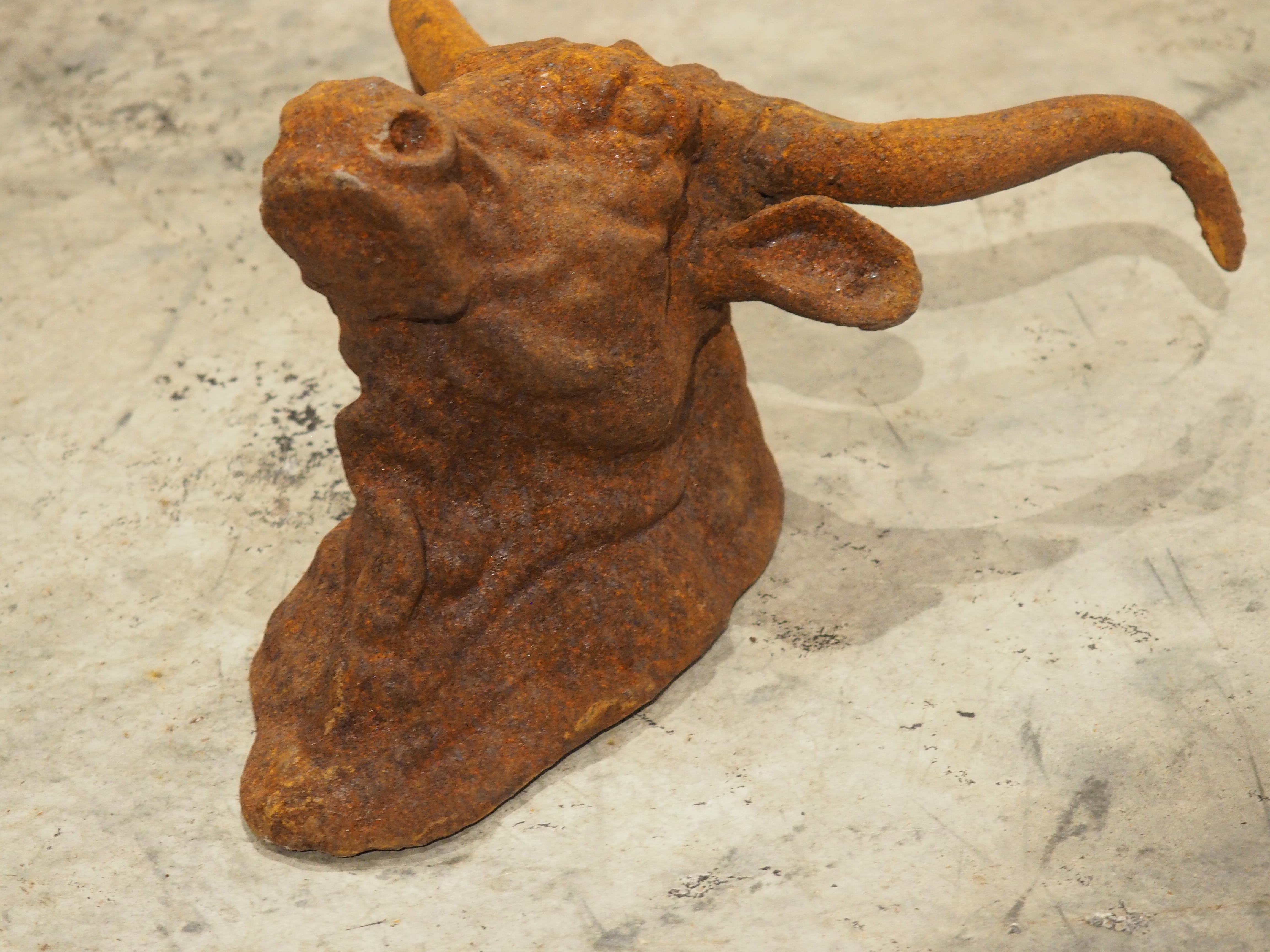 Coppia di teste di toro decorative in ghisa arrugginita d'epoca provenienti dalla Francia in vendita 1