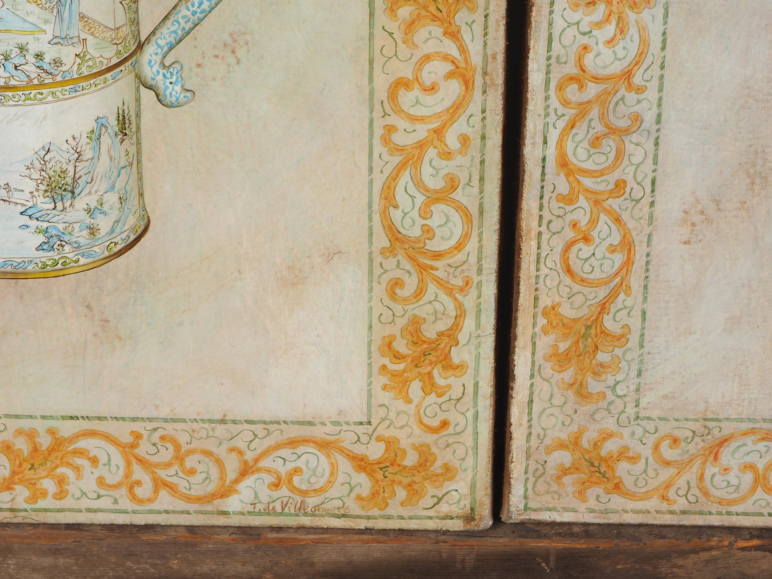 Pareja de óleos sobre lienzo decorativos vintage firmados Chinoiserie en venta