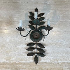 Pair of Decorative Wall Sconces with Sunflowers and Foliage in Patinated Metal