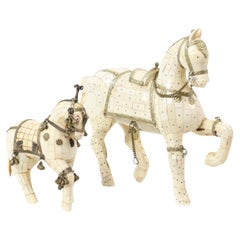 Antique Pair of Decorative Wooden Horses Covered with Bone Mosaic Silver Plated