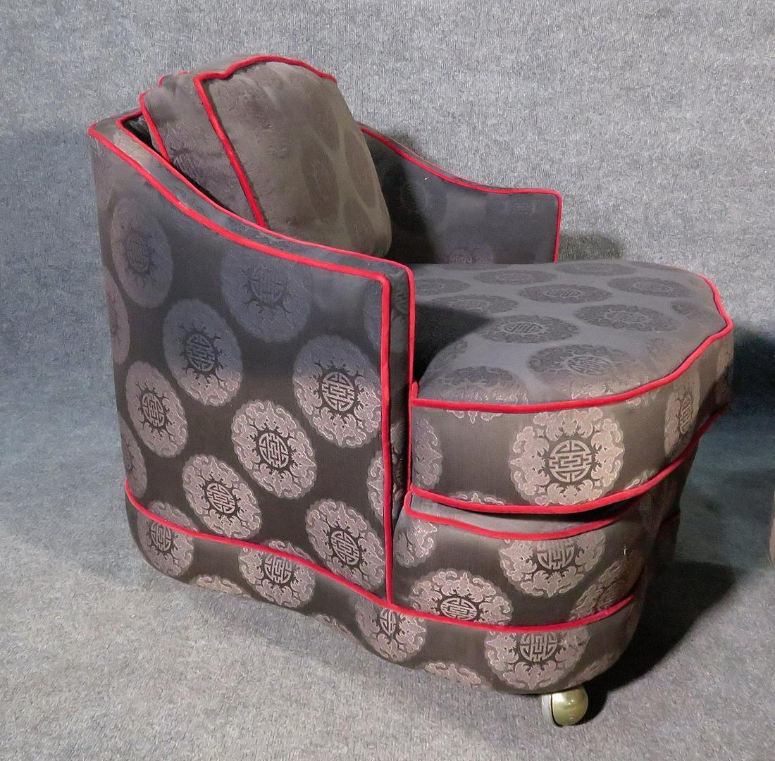 Fabric Pair of Decorator Chairs & Ottoman For Sale