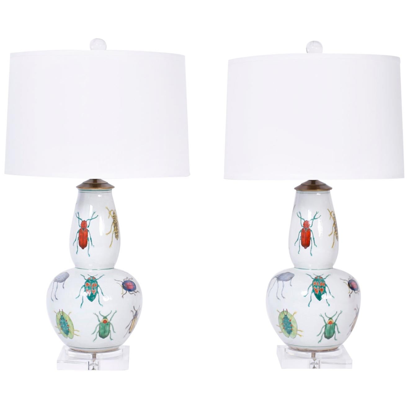 Pair of Decoupage Double Gourd Table Lamps