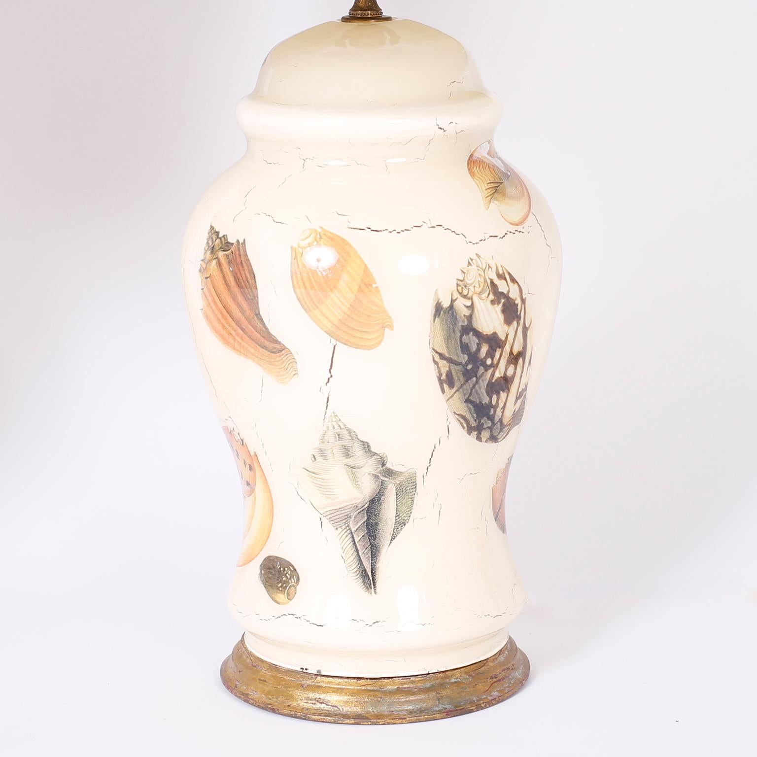 Mid-Century Modern Pair of Decoupage Sea Shell Table Lamps